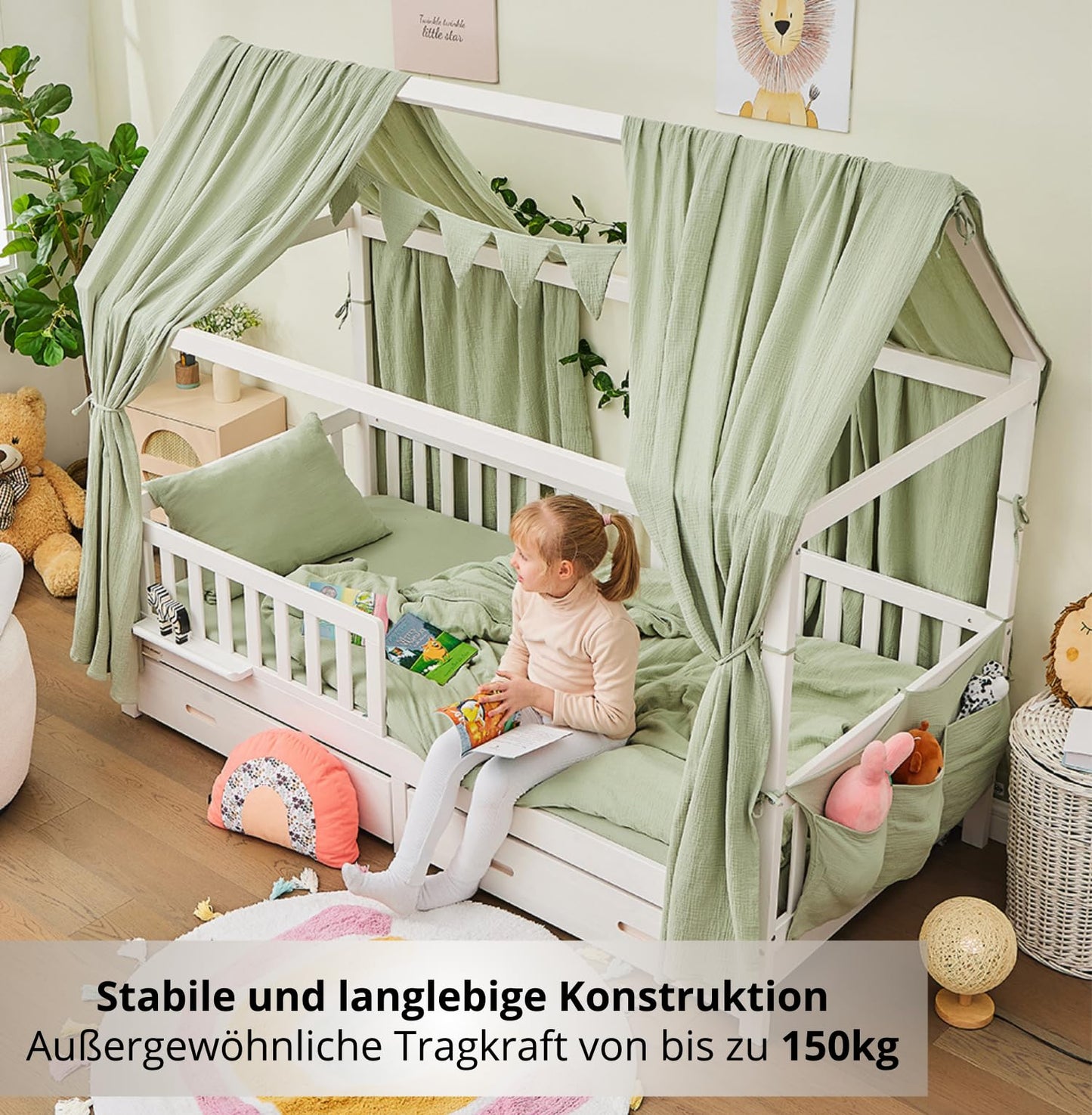 ALAVYA HOME® Hausbett KOMPLETT Set mit Musselin DEKO I Kinderbett 90x200 cm mit Schubladen inkl. 100% Bio-Musselin, Baumwolle Deko und Matratze I Massivholzbett mit Rausfallschutz und Lattenrost