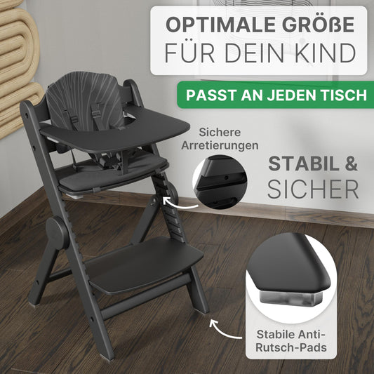 ZWERGHELD® Premium Kinderhochstuhl ZS3 Set - mitwachsend klappbar verstellbar, Hochstuhl Baby ab 6 Monaten bis 90kg belastbar, mit Essbrett - Treppenhochstuhl Kinderstuhl Holz High Chair (pearl-black)
