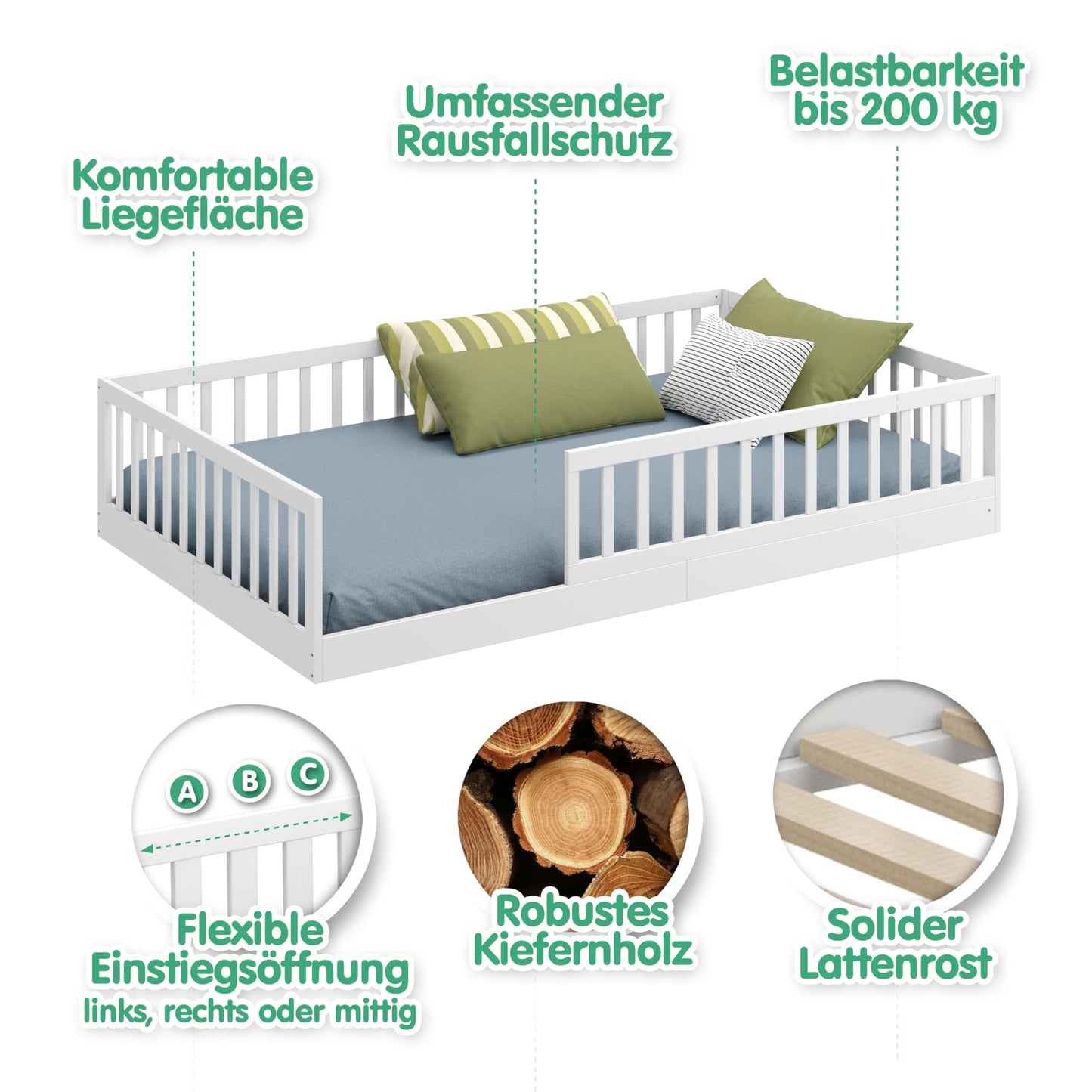 CADANI Timi 2in1 Bodenbett 120x200 cm Montessori Kinderbett mit abnehmbaren Rausfallschutz inkl. Lattenrost, Kiefer Massivholz, weiß - 3 Aufbauvarianten, bis 200 kg belastbar, umbaubar