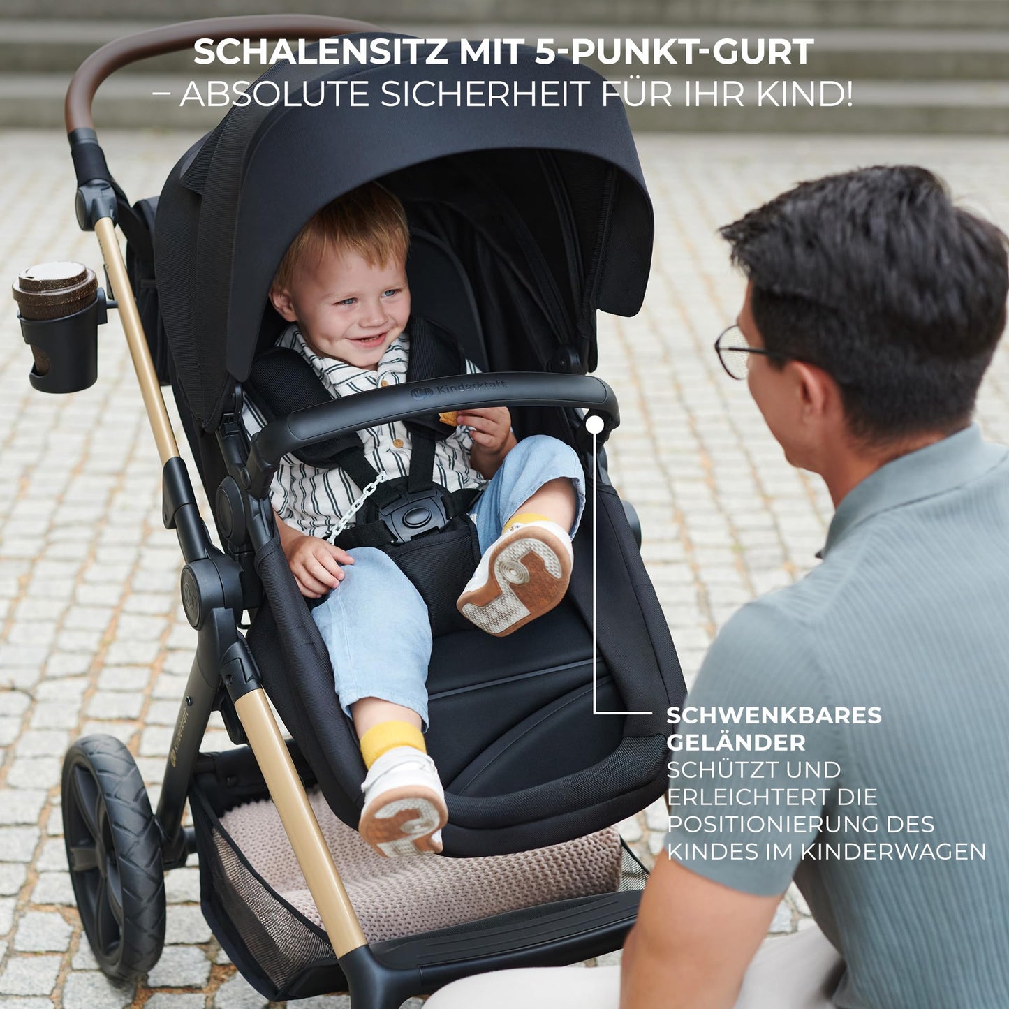 Kinderkraft MOOV2 AIR Kinderwagen 3 in 1 Kinderwagenset bis 26 kg mit Kindersitz I-SIZE 40-75 cm, Buggy Funktion, Liegeposition verstellbar, Große ausziehbare Verdeck, Aufblasbare Räder, Grau
