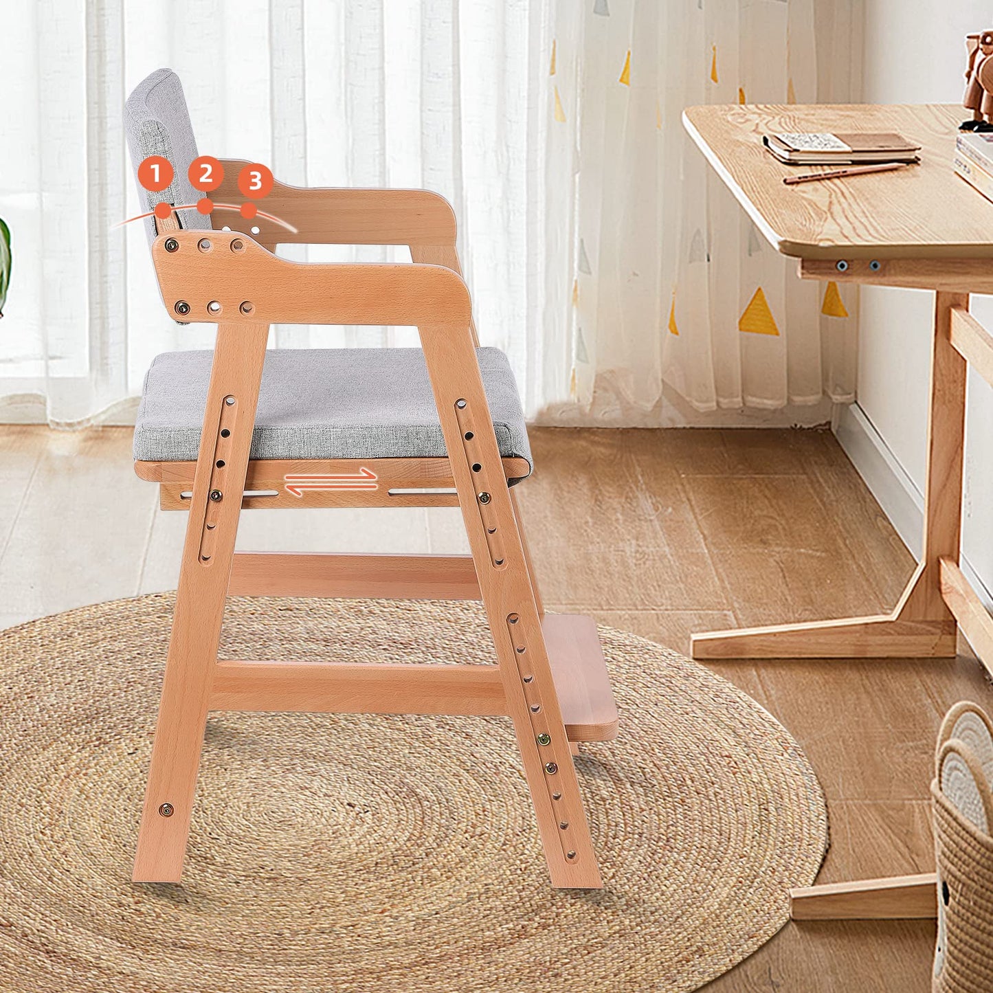 Ezebaby Hochstuhl, höhenverstellbarer Holzhochstuhl für kinder von 2 bis 12 Jahren Buchenholz Kinderstuhl, Lehrstuhl, Stabil & Sicher bis 90 kg für Kinder und Erwachsener (Natur)