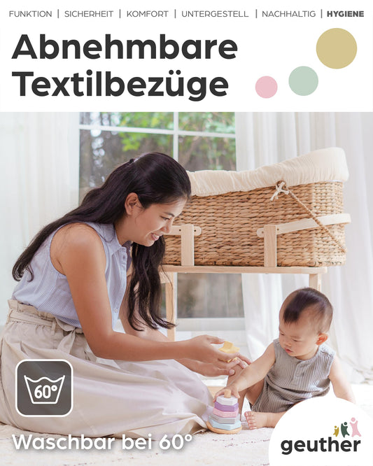 Geuther Moses-Set Babykorb & Untergestell mit Schaukelfunktion | Babywiege für Neugeborene | Babynest | Beistellbett Baby | Baby Bett Komplett Set | Stubenwagen Baby, tragbarer Moseskorb, Mint