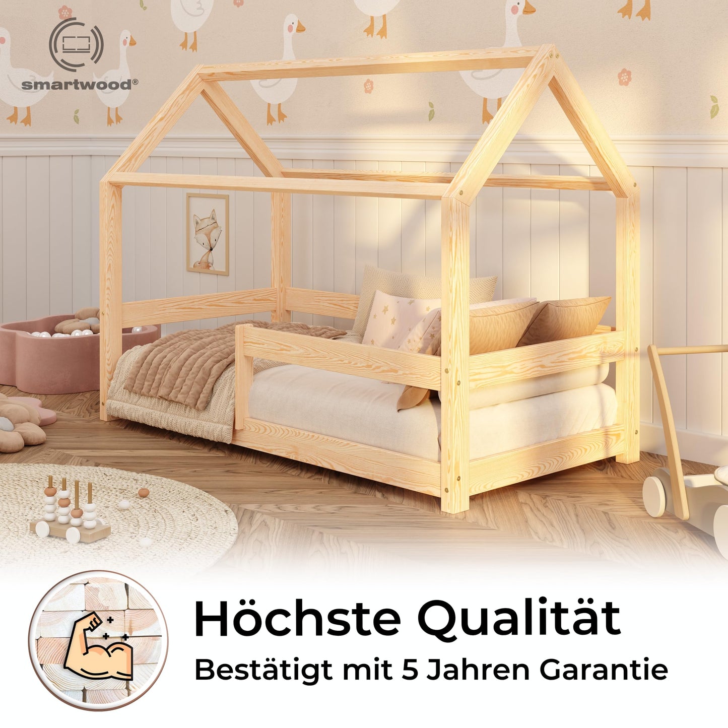 smartwood Hausbett 90x200 cm aus Massivholz - Kinderbett mit Rausfallschutz & Lattenrost bis 230 kg - Skandinavisches Design - für Jungen & Mädchen - Einfache Montage
