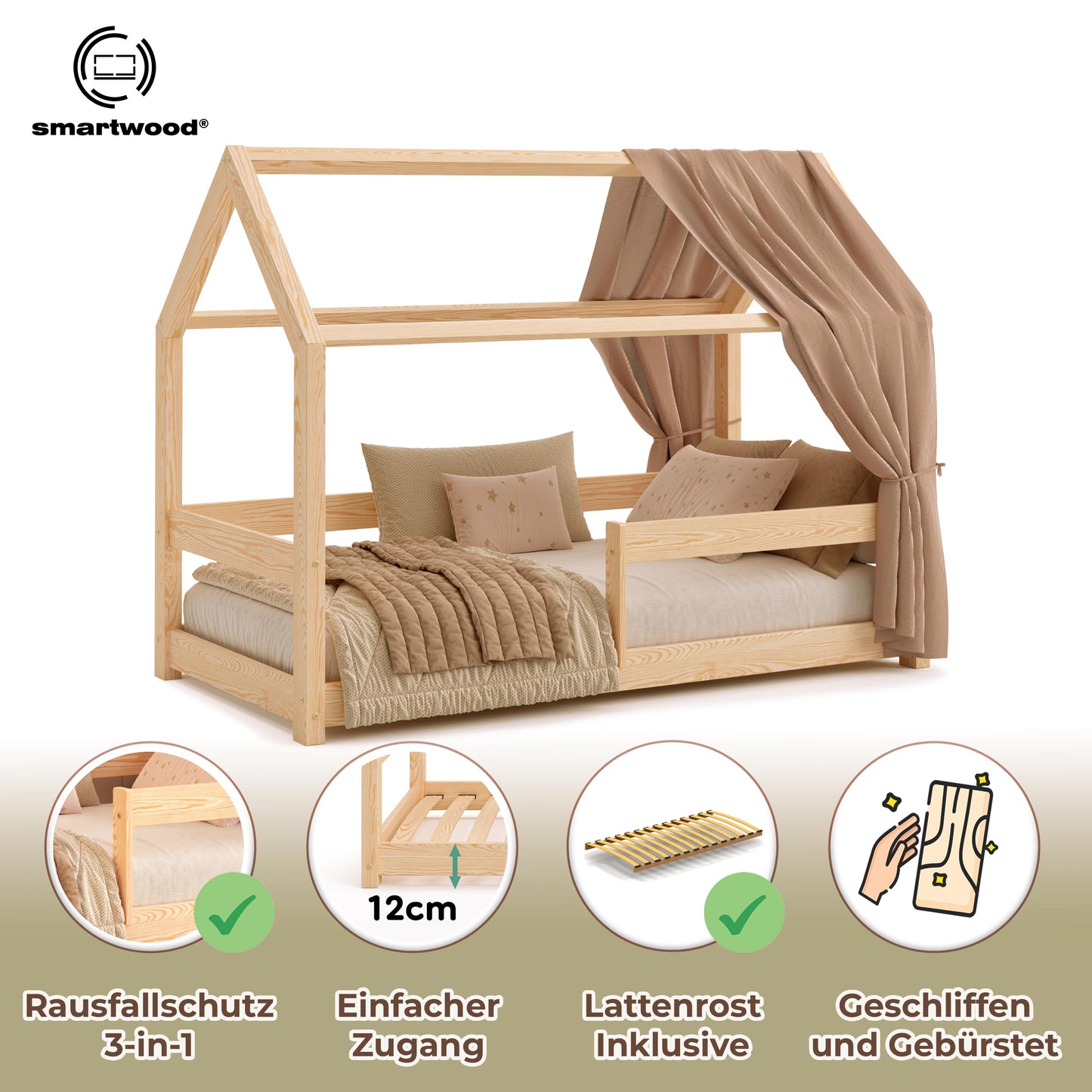 smartwood Hausbett 90x200 cm aus Massivholz - Kinderbett mit Rausfallschutz & Lattenrost bis 230 kg - Skandinavisches Design - für Jungen & Mädchen - Einfache Montage