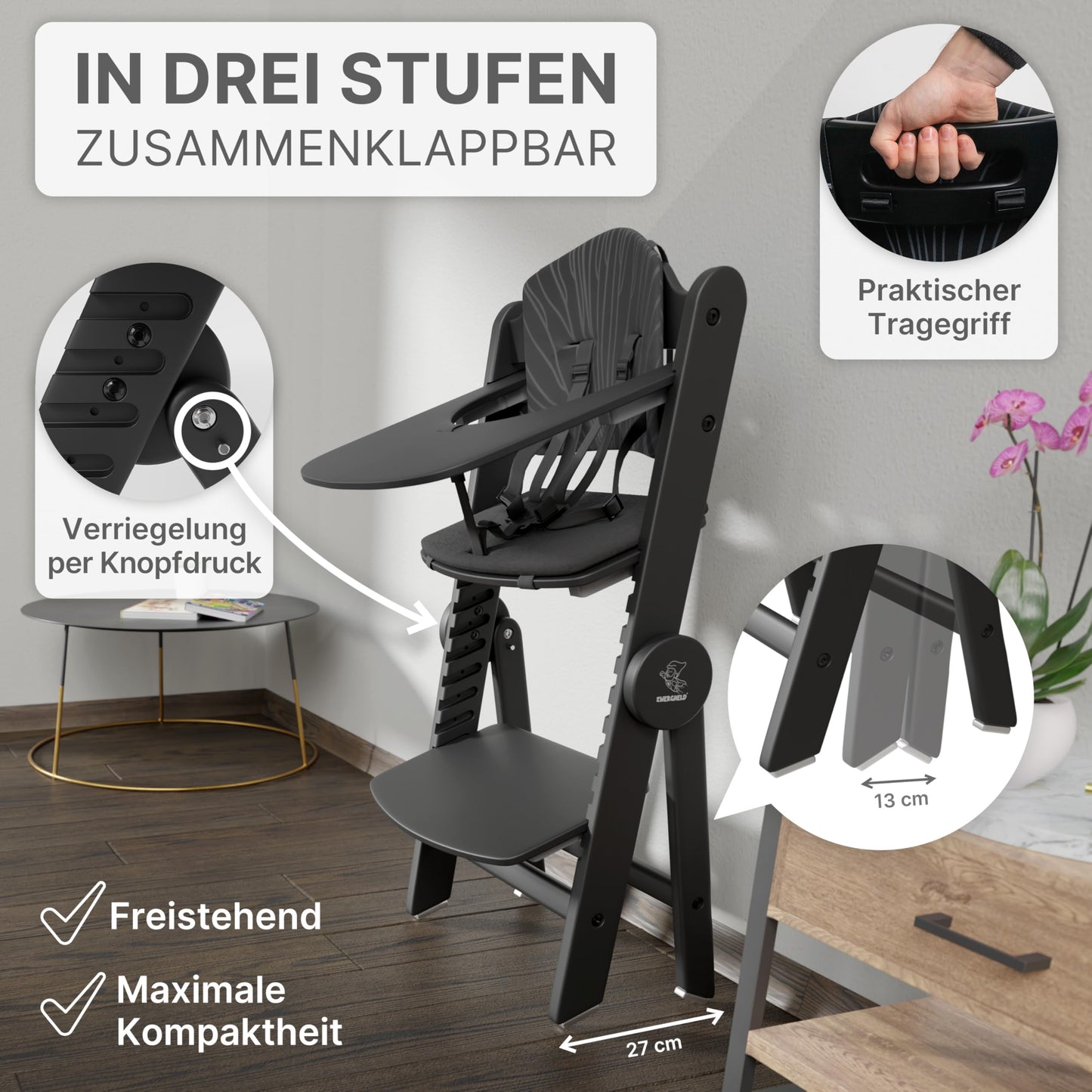 ZWERGHELD® Premium Kinderhochstuhl ZS3 Set - mitwachsend klappbar verstellbar, Hochstuhl Baby ab 6 Monaten bis 90kg belastbar, mit Essbrett - Treppenhochstuhl Kinderstuhl Holz High Chair (pearl-black)