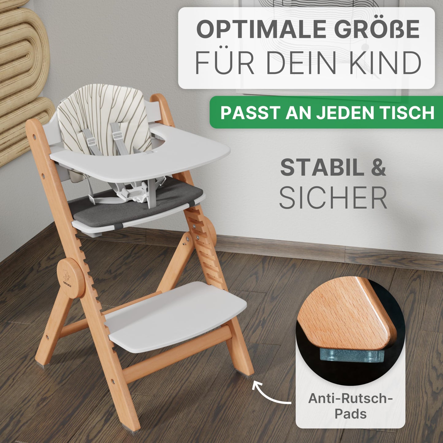 ZWERGHELD® Premium Kinderhochstuhl ZS3 Set - mitwachsend klappbar verstellbar, Hochstuhl Baby ab 6 Monaten bis 90kg belastbar, mit Essbrett - Treppenhochstuhl Kinderstuhl Holz High Chair (natur)