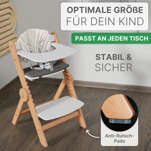 ZWERGHELD® Premium Kinderhochstuhl ZS3 Set - mitwachsend klappbar verstellbar, Hochstuhl Baby ab 6 Monaten bis 90kg belastbar, mit Essbrett - Treppenhochstuhl Kinderstuhl Holz High Chair (natur)
