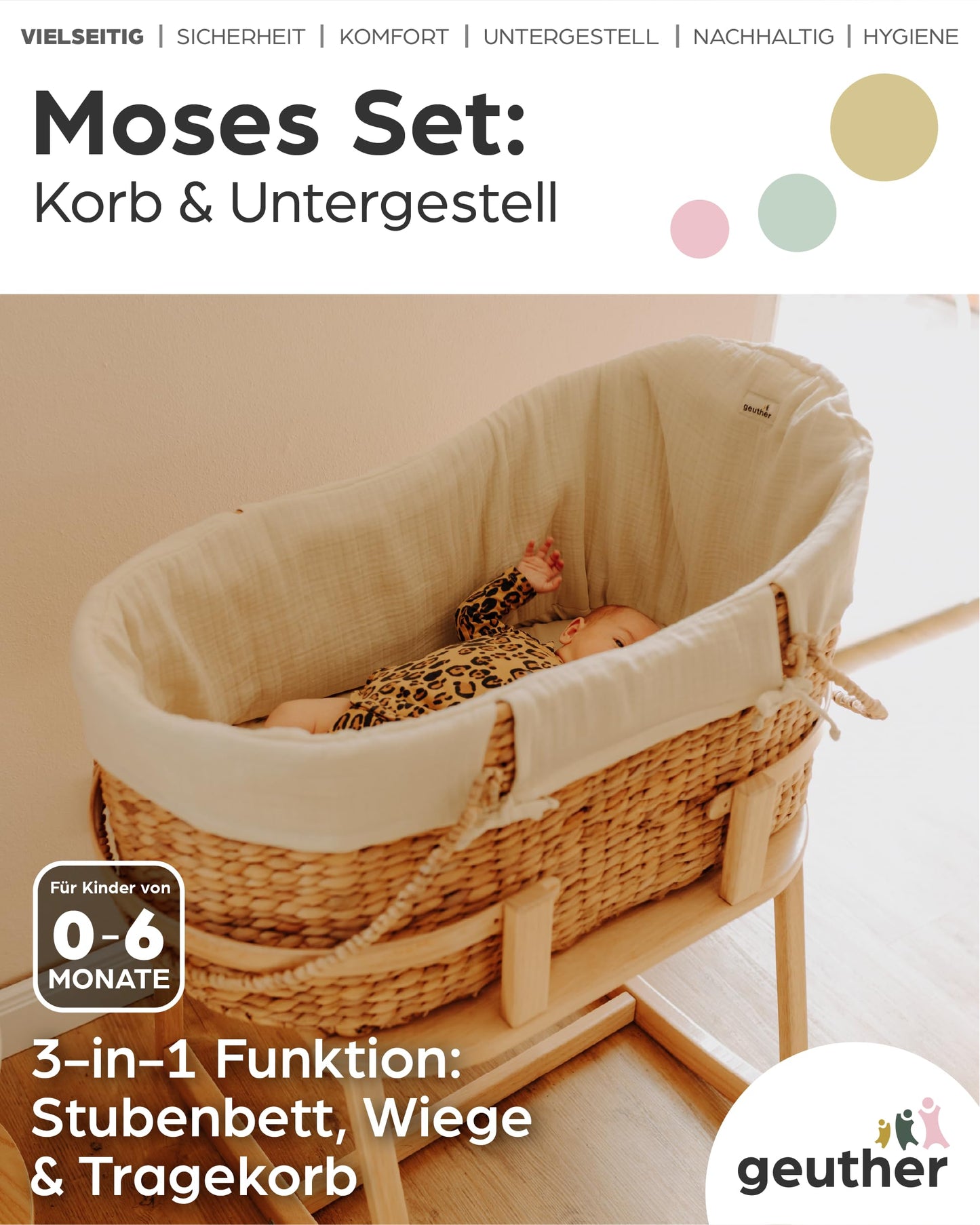 Geuther Moses-Set Babykorb & Untergestell mit Schaukelfunktion | Babywiege für Neugeborene | Babynest | Beistellbett Baby | Baby Bett Komplett Set | Stubenwagen Baby, tragbarer Moseskorb, Mint