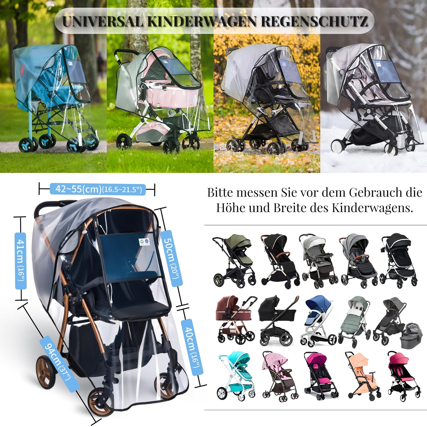 bemece Regenschutz für Kinderwagen, Regenverdeck für buggy, Bequemes Zugangsfenster, Gute Luftzirkulation, Schadstofffrei