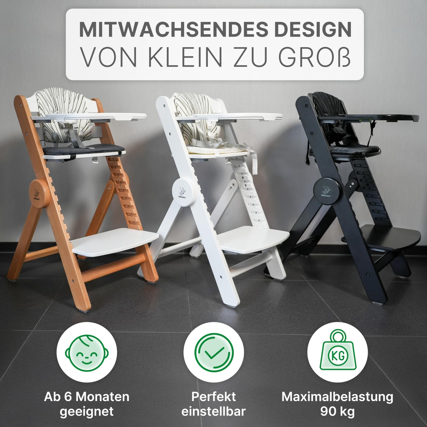 ZWERGHELD® Premium Kinderhochstuhl ZS3 Set - mitwachsend klappbar verstellbar, Hochstuhl Baby ab 6 Monaten bis 90kg belastbar, mit Essbrett - Treppenhochstuhl Kinderstuhl Holz High Chair (natur)