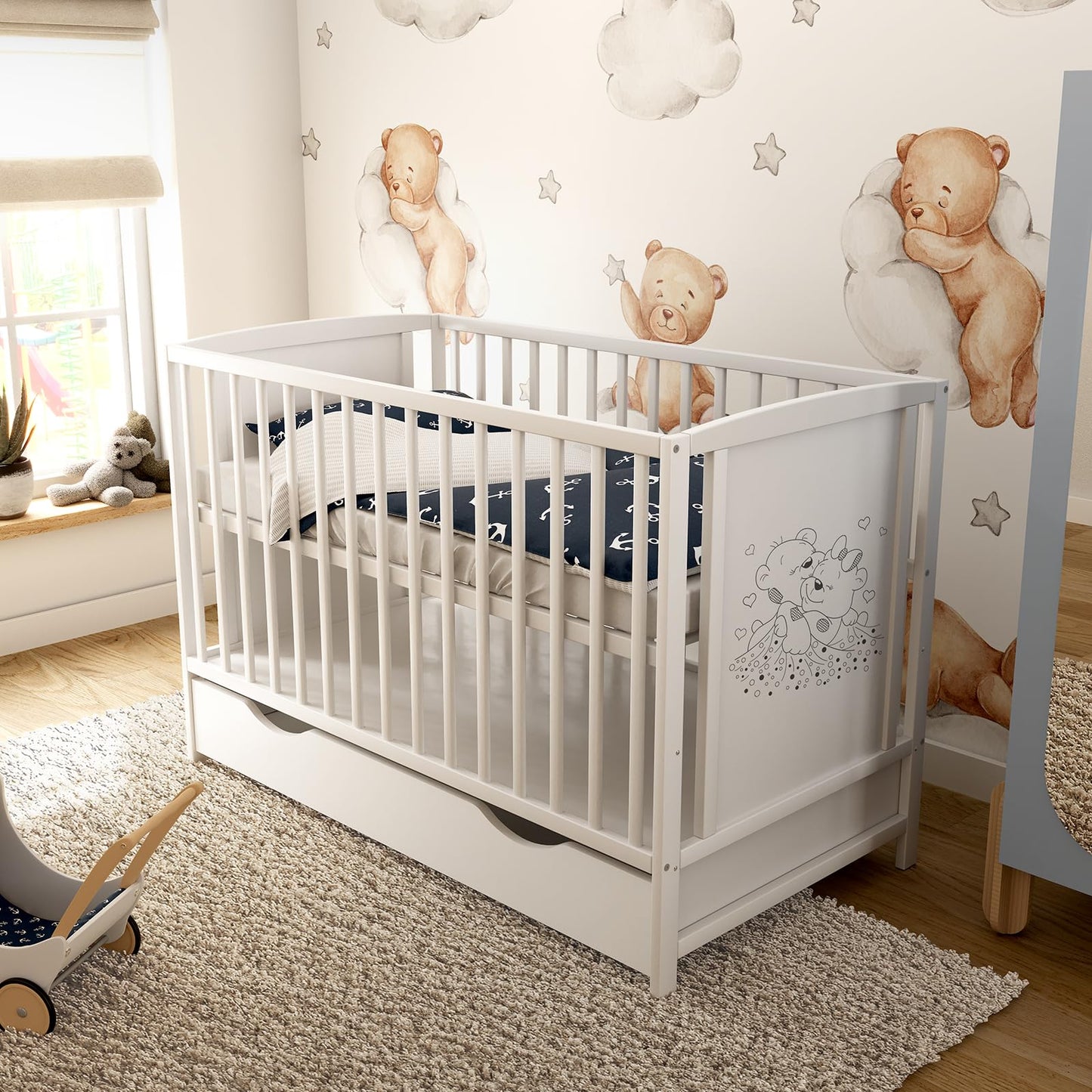 Generisch Baby Delux Babybett 60x120 Kinderbett umbaubar zum Juniorbett weiß mit Schublade und Aloe Vera Matratze höhenverstellbar mit Schlupfsprossen (Mia Schublade Schutzgitter)