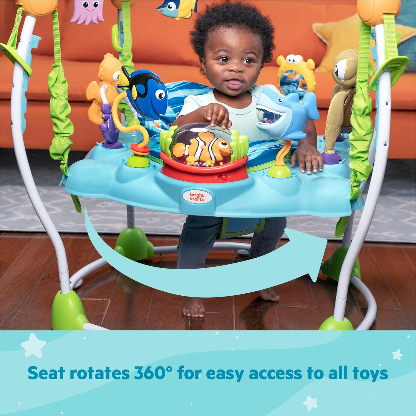 Bright Starts, Disney Baby, Findet Nemo Spring- und Spielcenter mit Spielstation mit Lichtern und Musik, 13 Aktivität Spielzeug, 360° drehender Sitz, höhenverstellbares, Kinder ab 6 Monaten