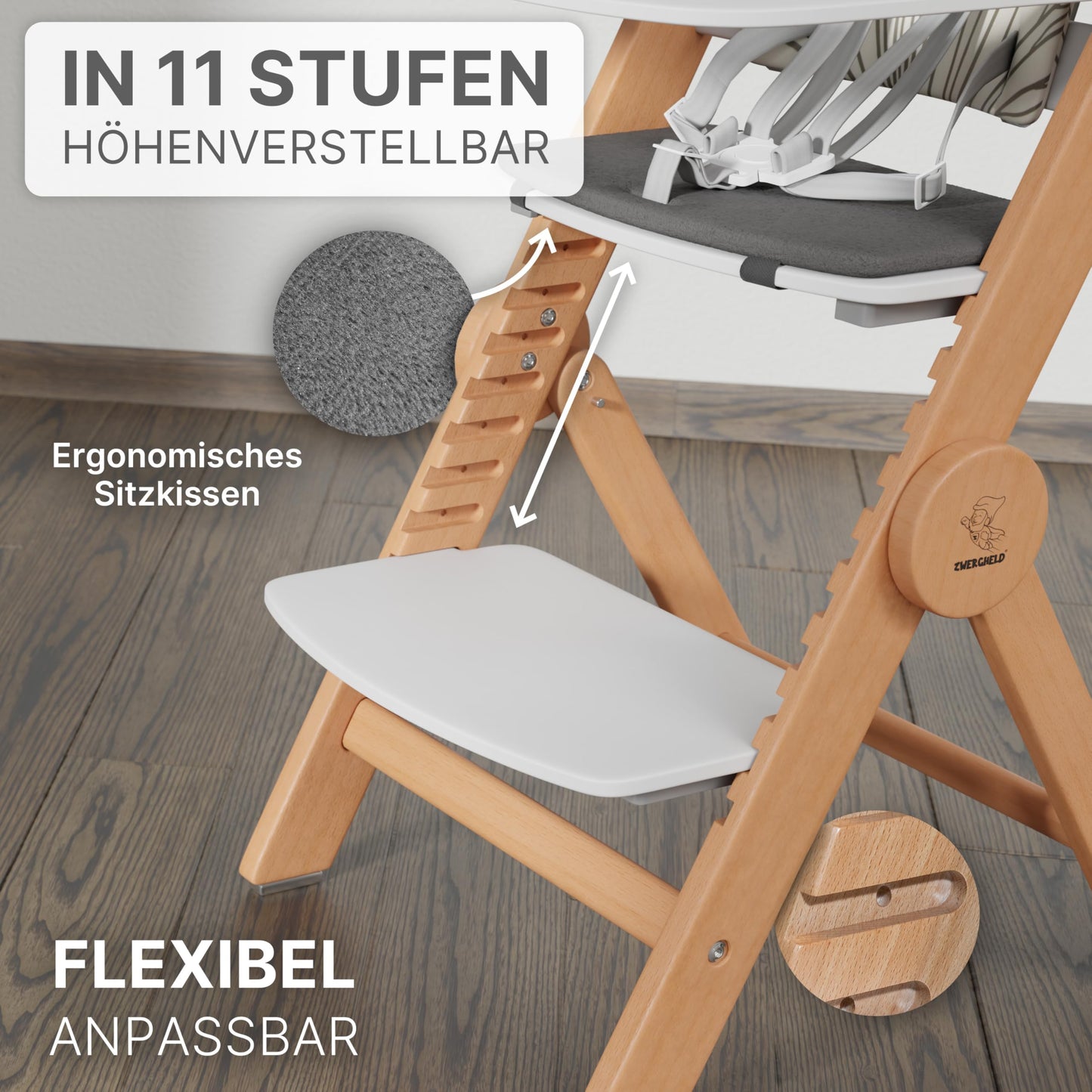 ZWERGHELD® Premium Kinderhochstuhl ZS3 Set - mitwachsend klappbar verstellbar, Hochstuhl Baby ab 6 Monaten bis 90kg belastbar, mit Essbrett - Treppenhochstuhl Kinderstuhl Holz High Chair (natur)