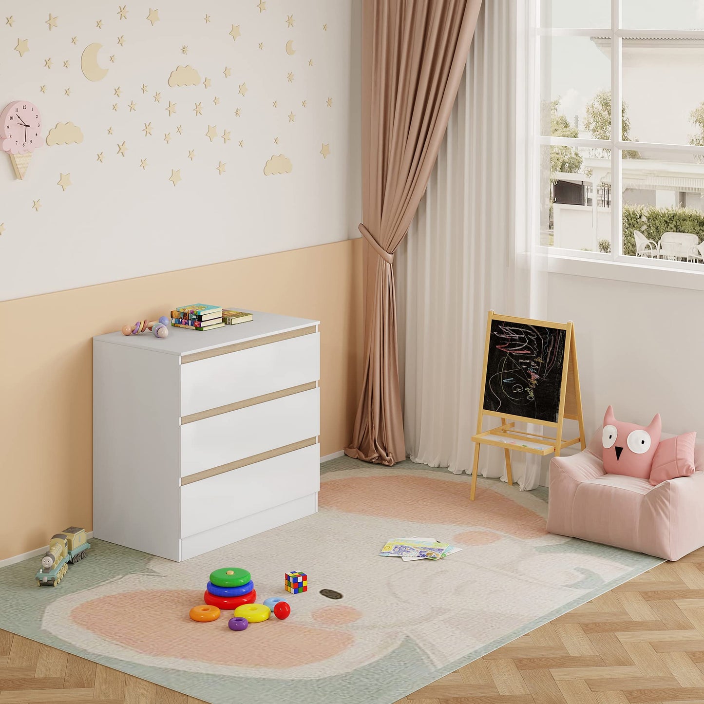 WOLTU Wickelkommode mit Wickelaufsatz, Wickeltisch, Kommode mit 3 Schubladen, Wickelaufsatz abnehmbar, mit Kippschutz, 86 cm für Lendenwirbelschutz, Weiß+Eiche