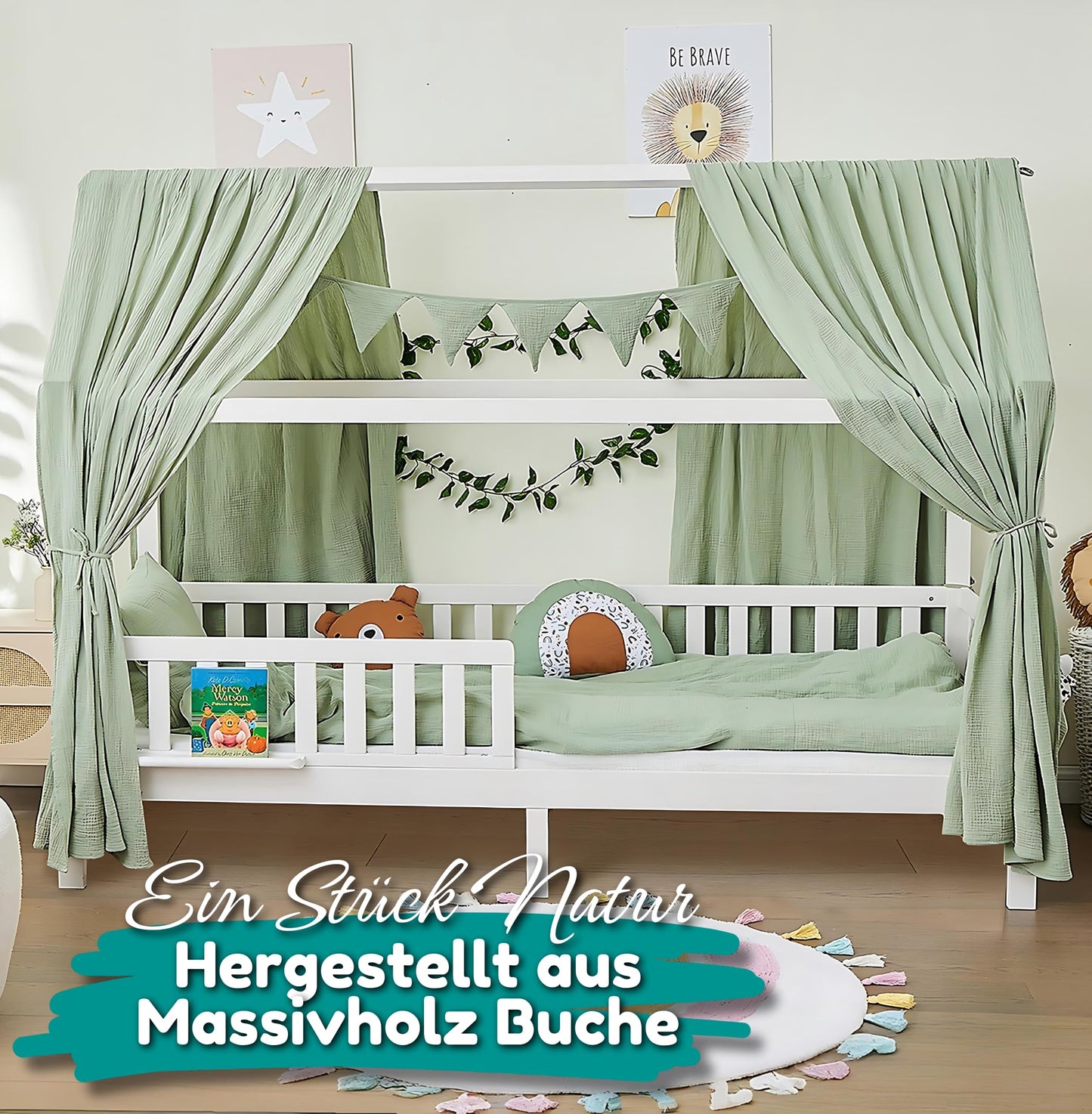ALAVYA HOME® Hausbett 90x200 mit Rausfallschutz und Lattenrost | Kinderbett 90x200 für Mädchen und Jungen Massivholz der Buche FSC zertifizierter Haus Kinder Bett Montessori Jugendbett - Weiß