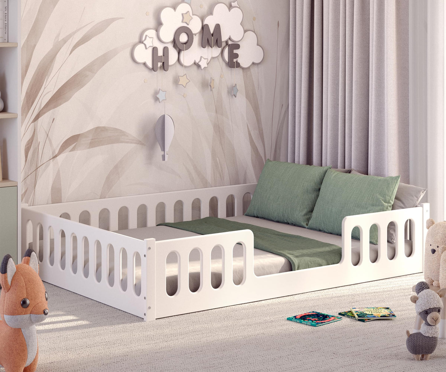 CADANI Monte 2in1 Bodenbett 140x200 cm Montessori Kinderbett Rausfallschutz abnehmbar - weiß, 46 kg schwer, bis 200 kg belastbar, extra starker Roll-Lattenrost, umbaubar