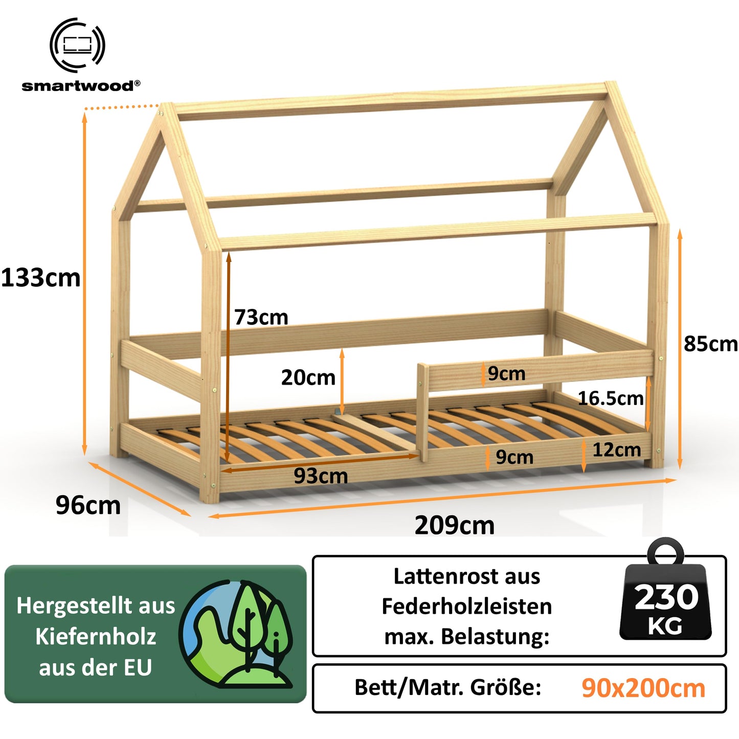 smartwood Hausbett 90x200 cm aus Massivholz - Kinderbett mit Rausfallschutz & Lattenrost bis 230 kg - Skandinavisches Design - für Jungen & Mädchen - Einfache Montage