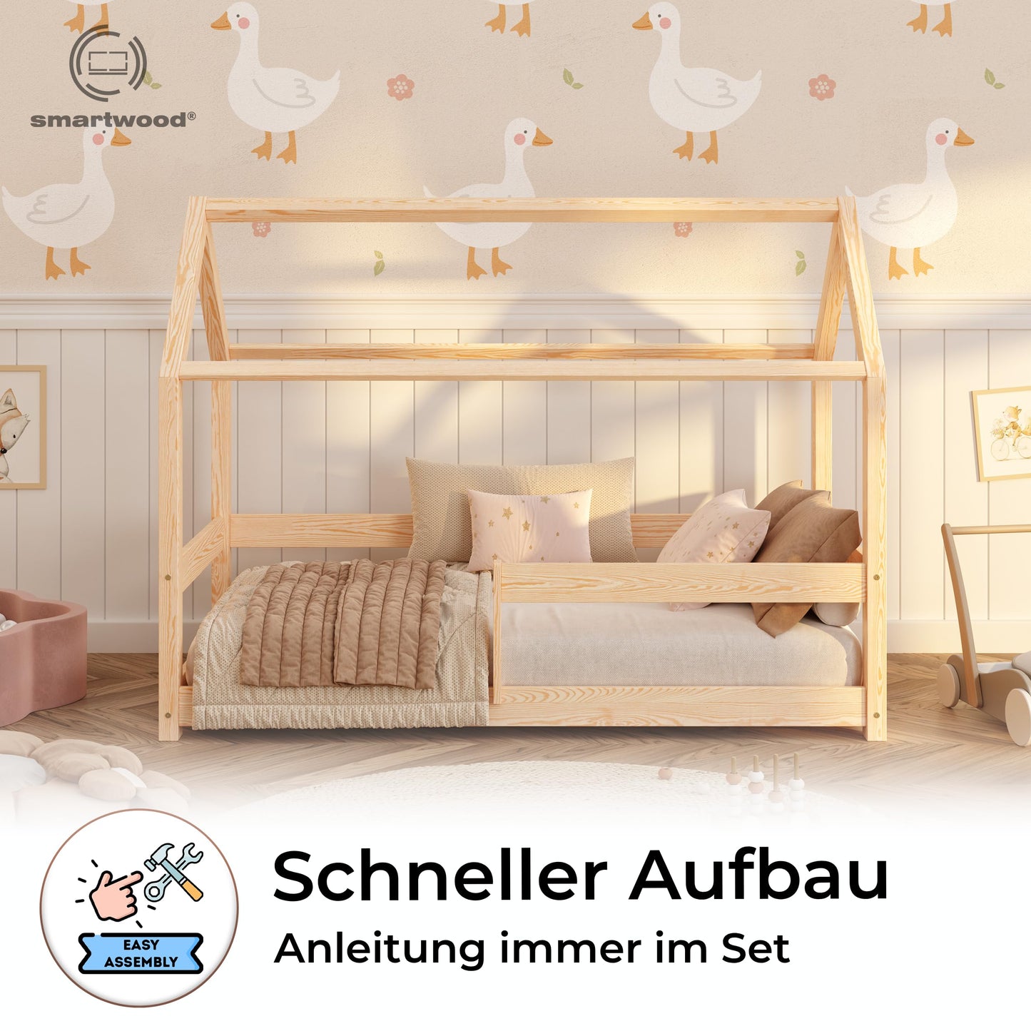 smartwood Hausbett 90x200 cm aus Massivholz - Kinderbett mit Rausfallschutz & Lattenrost bis 230 kg - Skandinavisches Design - für Jungen & Mädchen - Einfache Montage