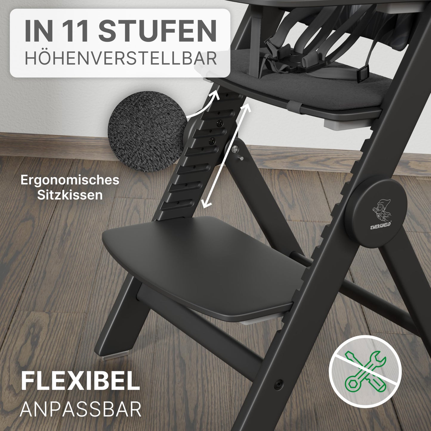 ZWERGHELD® Premium Kinderhochstuhl ZS3 Set - mitwachsend klappbar verstellbar, Hochstuhl Baby ab 6 Monaten bis 90kg belastbar, mit Essbrett - Treppenhochstuhl Kinderstuhl Holz High Chair (pearl-black)