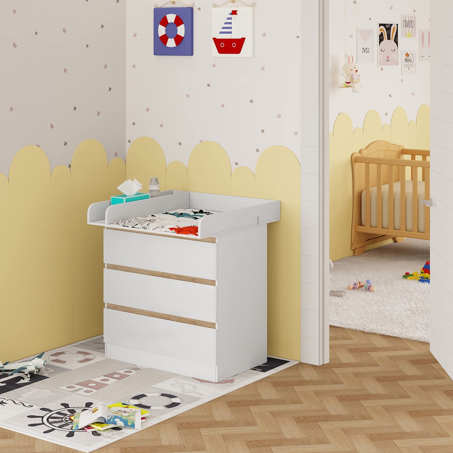 WOLTU Wickelkommode mit Wickelaufsatz, Wickeltisch, Kommode mit 3 Schubladen, Wickelaufsatz abnehmbar, mit Kippschutz, 86 cm für Lendenwirbelschutz, Weiß+Eiche