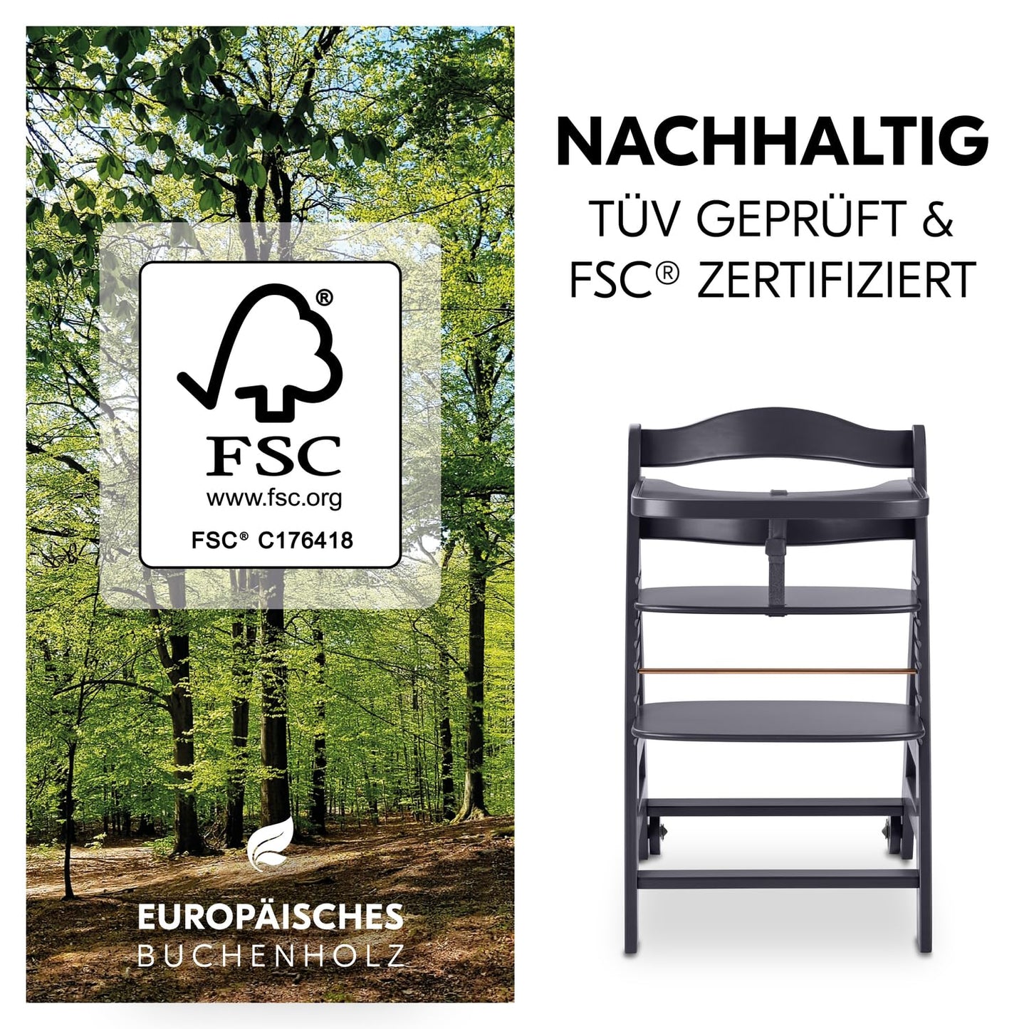 hauck Beta+, Dark Grey - Mitwachsendes Kinderhochstuhl Set ab 6 Monaten bis 90 kg mit Rädern, Sitzkissen, Großes Essbrett, Kleiner Schutzbügel, 5 Punkt Gurt Sicherheitsgurt & Schrittgurt