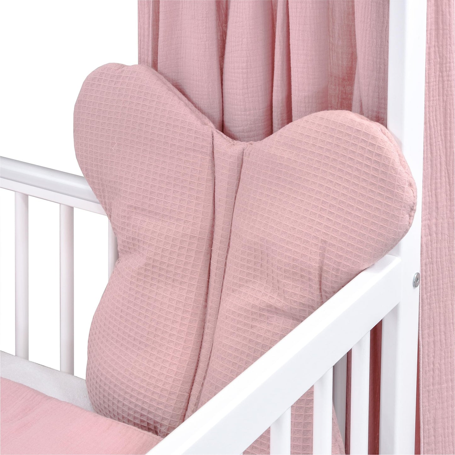 Baby Delux Babybett Komplett Set Hausbett 60x120 cm weiß Rausfallschutz Kinderbett Matratze Bettwäsche Deko Set (Musselin Himmel, Rosa Musselin Waffelpique)