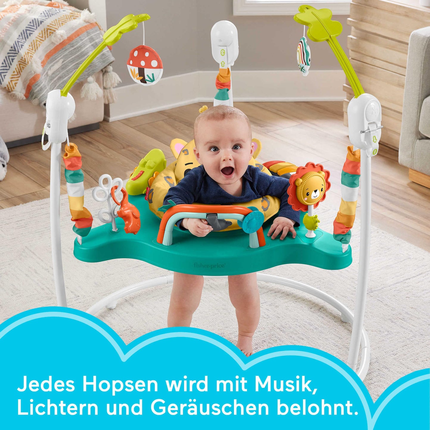 Fisher-Price Hüpf-Leopard Jumperoo - Spielcenter mit Wippe, 360 Grad Sitz, abnehmbarer Tukan, höhenverstellbar, mit Lichtern und Geräuschen, für Babys ab 6 Monaten, HND47