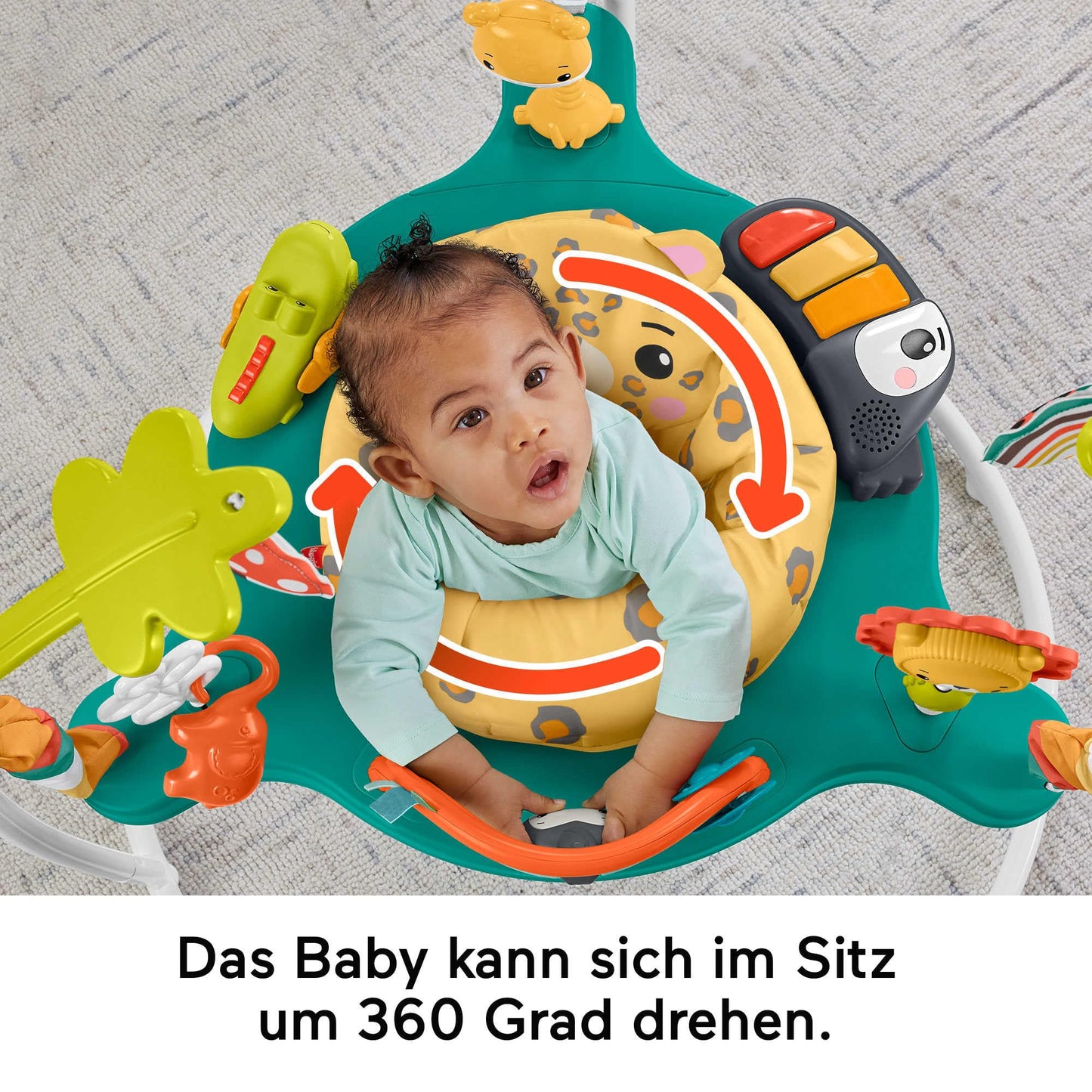 Fisher-Price Hüpf-Leopard Jumperoo - Spielcenter mit Wippe, 360 Grad Sitz, abnehmbarer Tukan, höhenverstellbar, mit Lichtern und Geräuschen, für Babys ab 6 Monaten, HND47