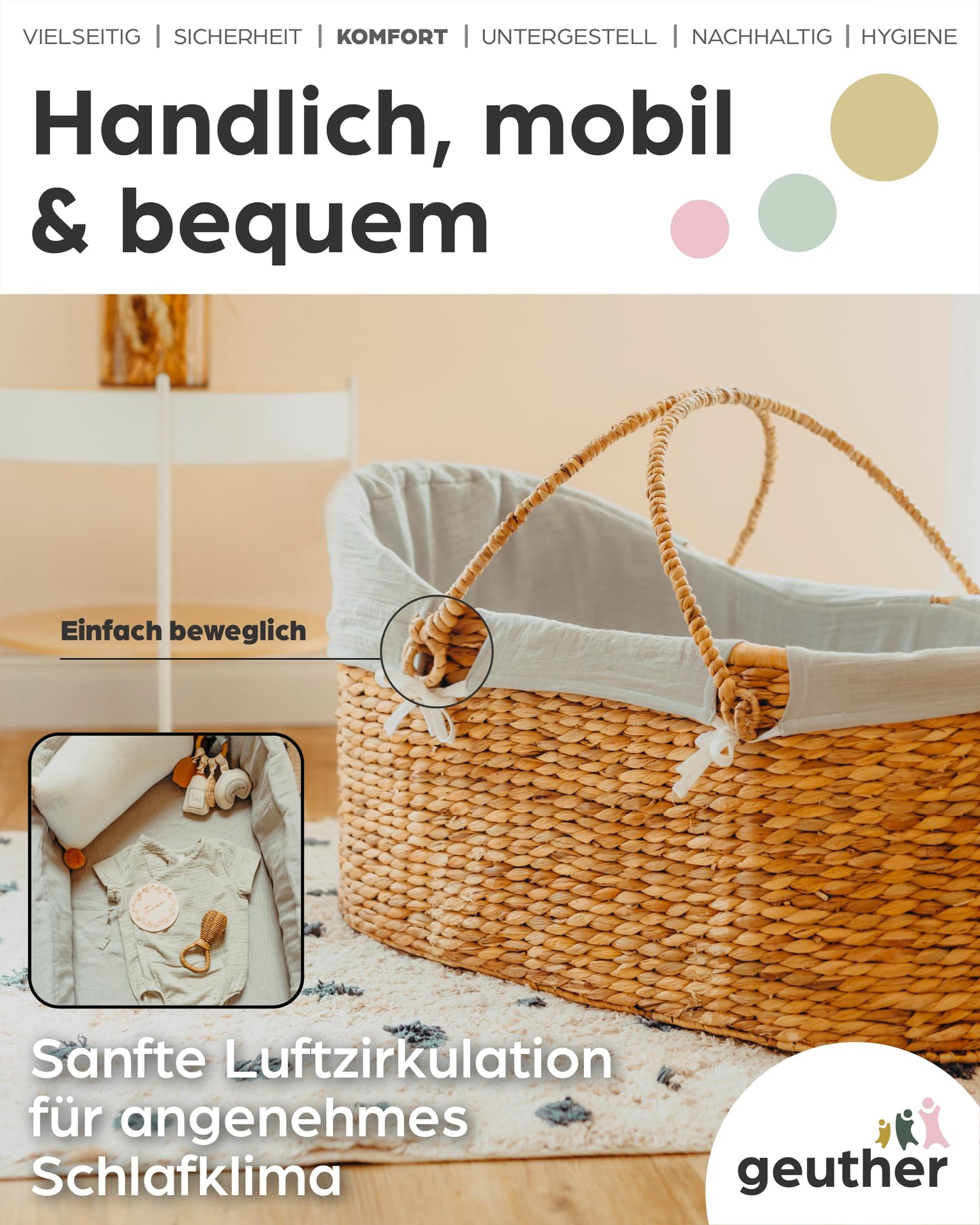 Geuther Moses-Set Babykorb & Untergestell mit Schaukelfunktion | Babywiege für Neugeborene | Babynest | Beistellbett Baby | Baby Bett Komplett Set | Stubenwagen Baby, tragbarer Moseskorb, Mint