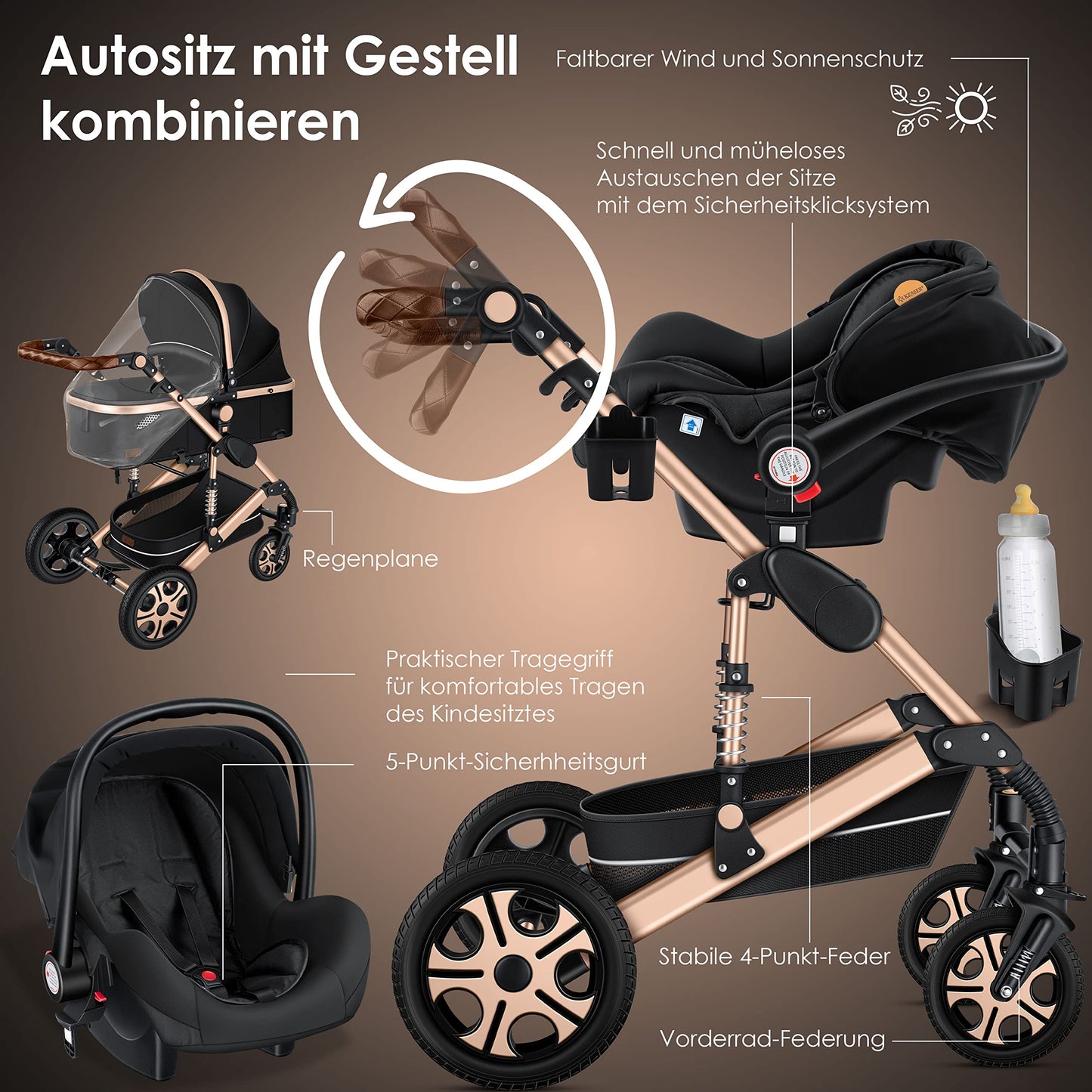 KESSER® Loops 3 in 1 Kinderwagen Kombikinderwagen Komplett-Set inkl. Babywanne & Buggy Sportsitz & Auto-Babyschale Voll-Gummireifen Wickeltasche Regenschutz Kindertisch ECE R129, Schwarz/Champagne