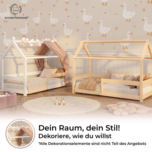 smartwood Hausbett 90x200 cm aus Massivholz - Kinderbett mit Rausfallschutz & Lattenrost bis 230 kg - Skandinavisches Design - für Jungen & Mädchen - Einfache Montage