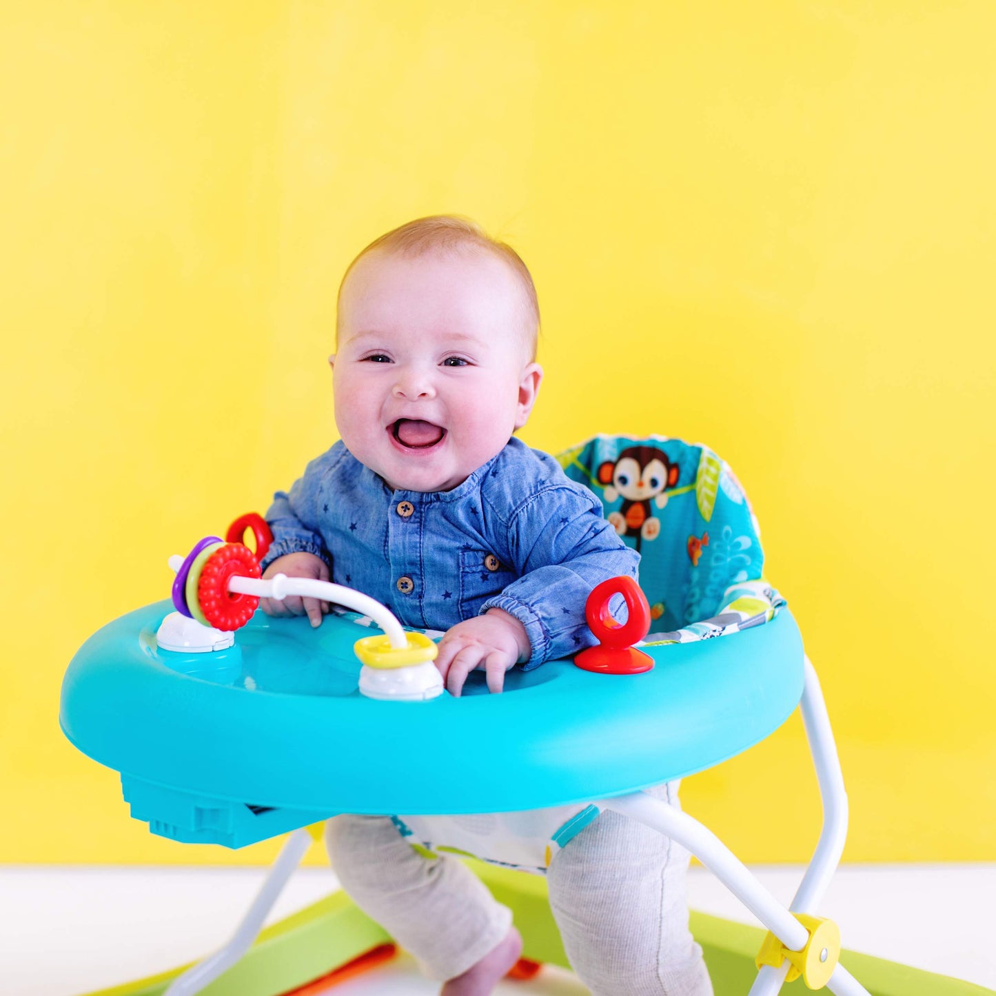 Bright Starts, Giggling Safari, Lauflernhilfe mit Spielzeuge, Perlenschiebespielzeug, 3 Höheneinstellungen, Lauflernwagen mit hoher Rückenlehne, zusammenklappbare, grün / blau, Kinder ab 6 Monaten