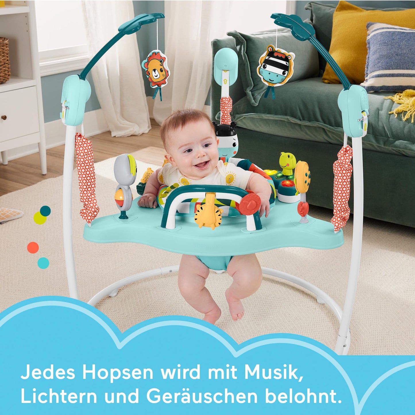 Fisher-Price Wippe kunterbunter Jumperoo Spielcenter mit Musik, Lichtern, Geräuschen und Lernspielzeug, HNX59