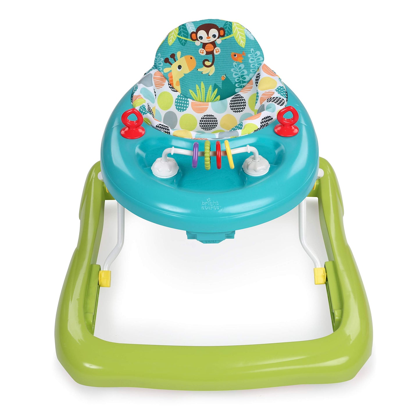 Bright Starts, Giggling Safari, Lauflernhilfe mit Spielzeuge, Perlenschiebespielzeug, 3 Höheneinstellungen, Lauflernwagen mit hoher Rückenlehne, zusammenklappbare, grün / blau, Kinder ab 6 Monaten