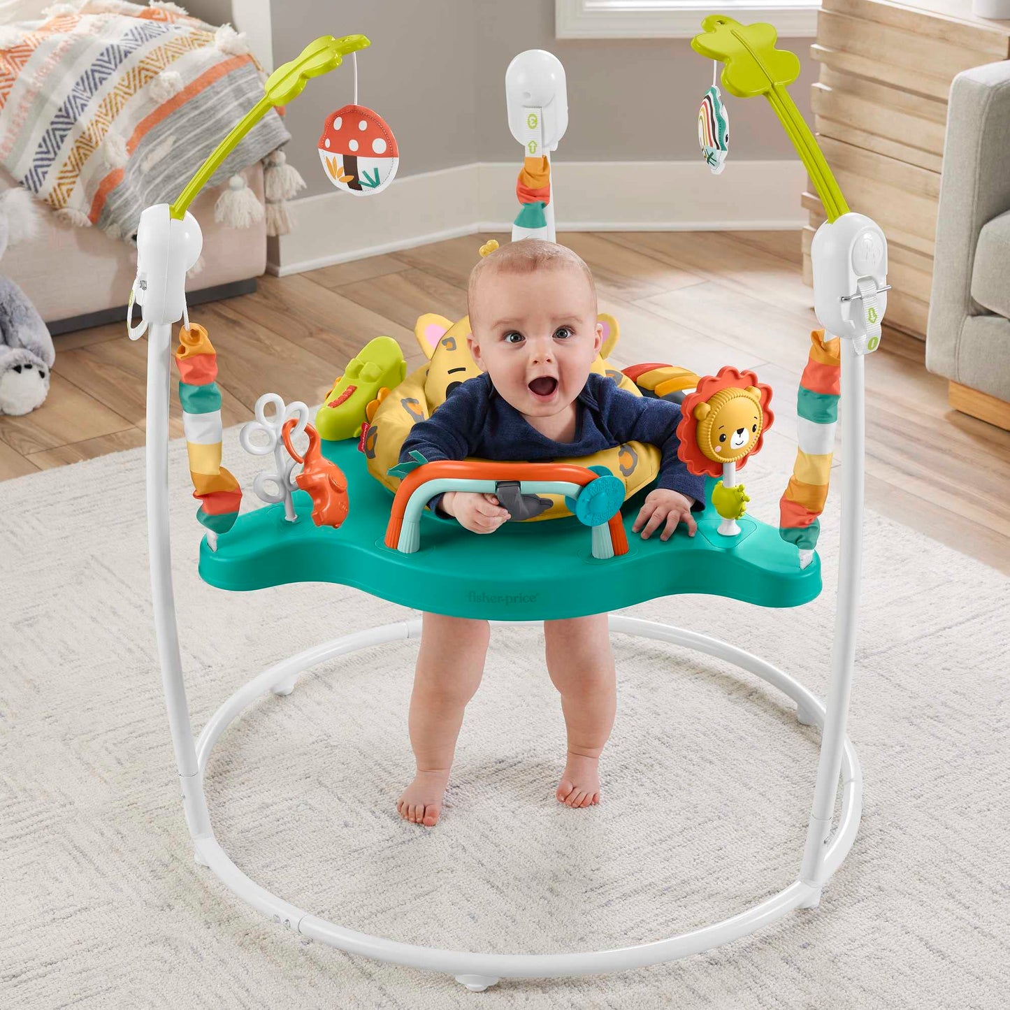 Fisher-Price Hüpf-Leopard Jumperoo - Spielcenter mit Wippe, 360 Grad Sitz, abnehmbarer Tukan, höhenverstellbar, mit Lichtern und Geräuschen, für Babys ab 6 Monaten, HND47