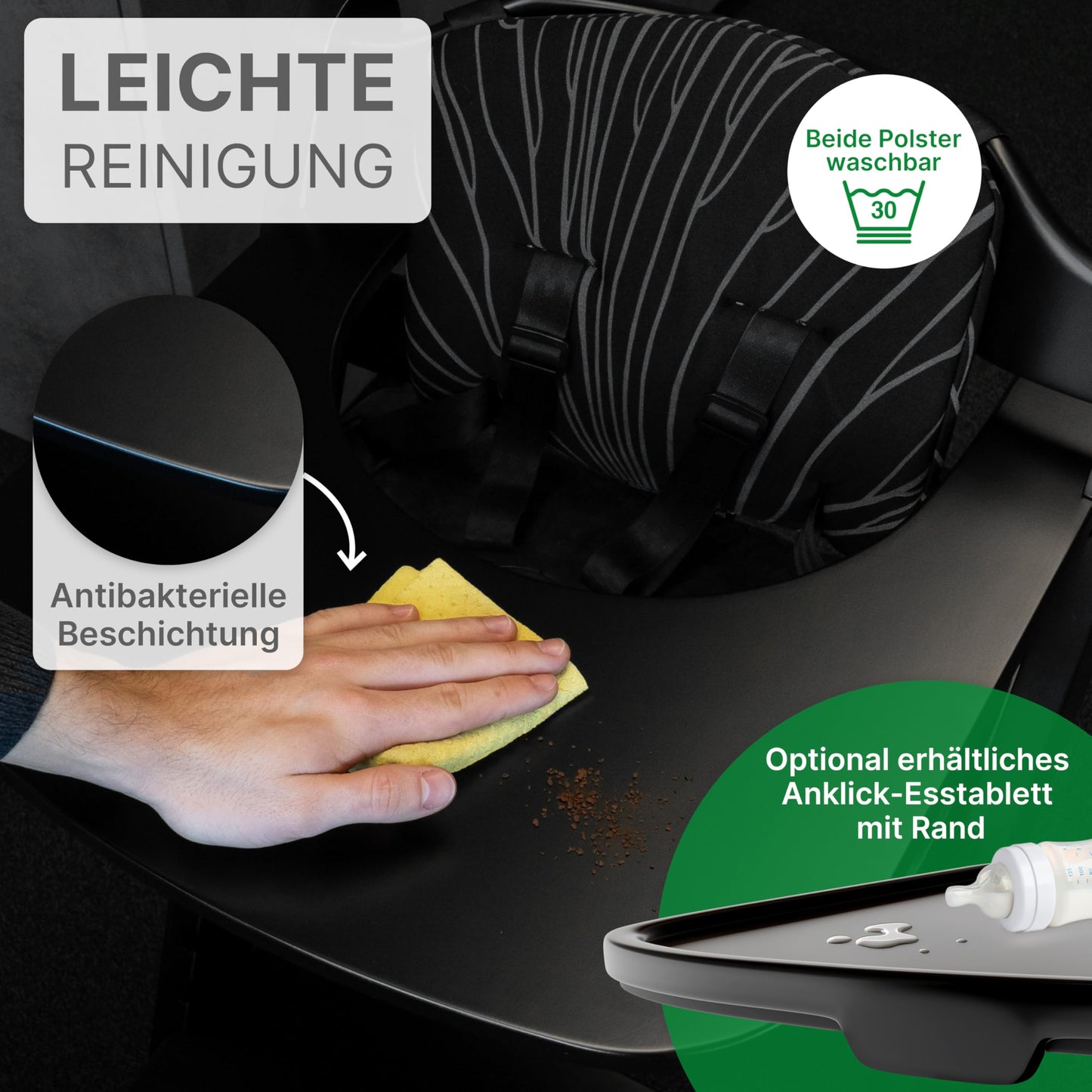 ZWERGHELD® Premium Kinderhochstuhl ZS3 Set - mitwachsend klappbar verstellbar, Hochstuhl Baby ab 6 Monaten bis 90kg belastbar, mit Essbrett - Treppenhochstuhl Kinderstuhl Holz High Chair (pearl-black)
