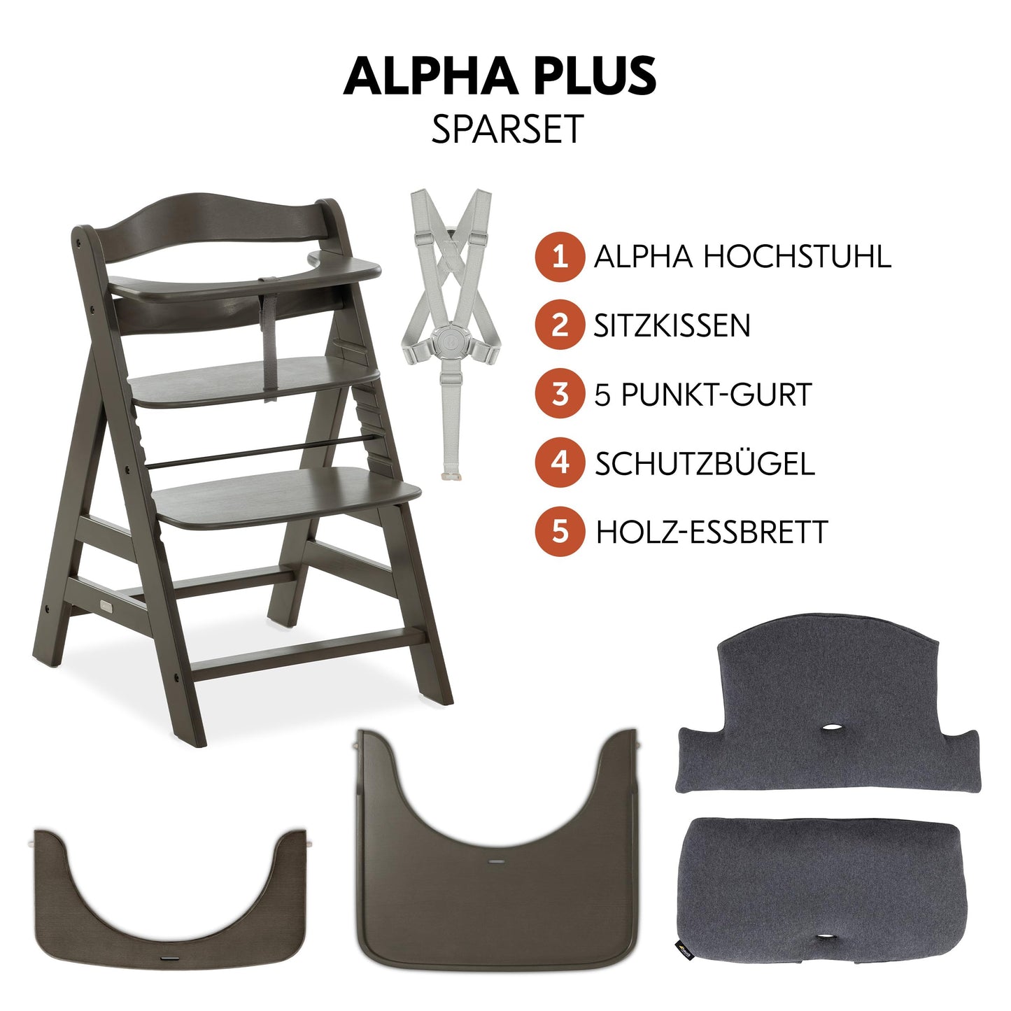 hauck Hochstuhl Alpha+ inkl. Tablett & Sitzpolster - Mitwachsender Babystuhl aus Holz, Kinderhochstuhl ab 6 Monate, verstellbar - Charcoal