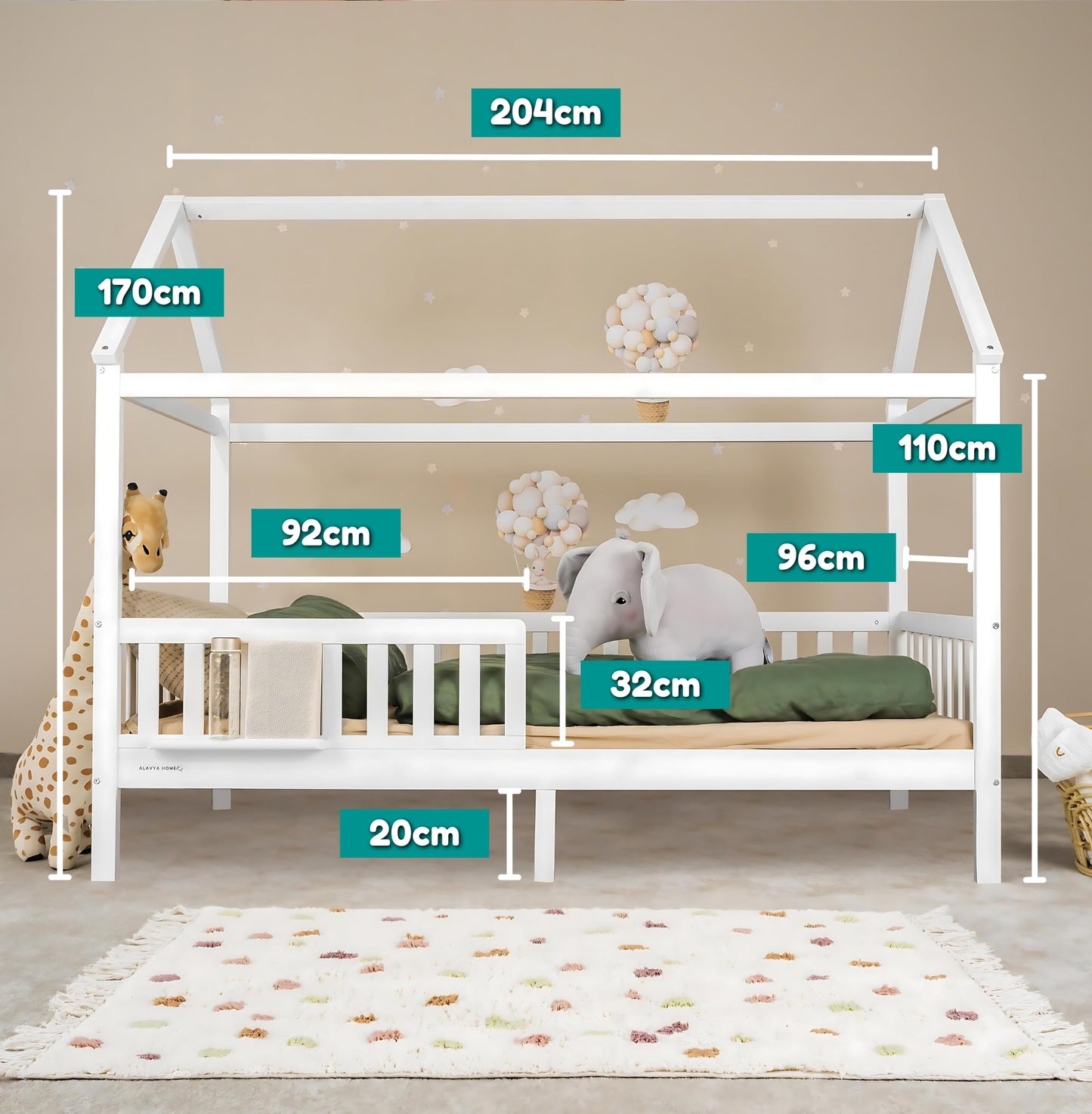 ALAVYA HOME® Hausbett 90x200 mit Rausfallschutz und Lattenrost | Kinderbett 90x200 für Mädchen und Jungen Massivholz der Buche FSC zertifizierter Haus Kinder Bett Montessori Jugendbett - Weiß