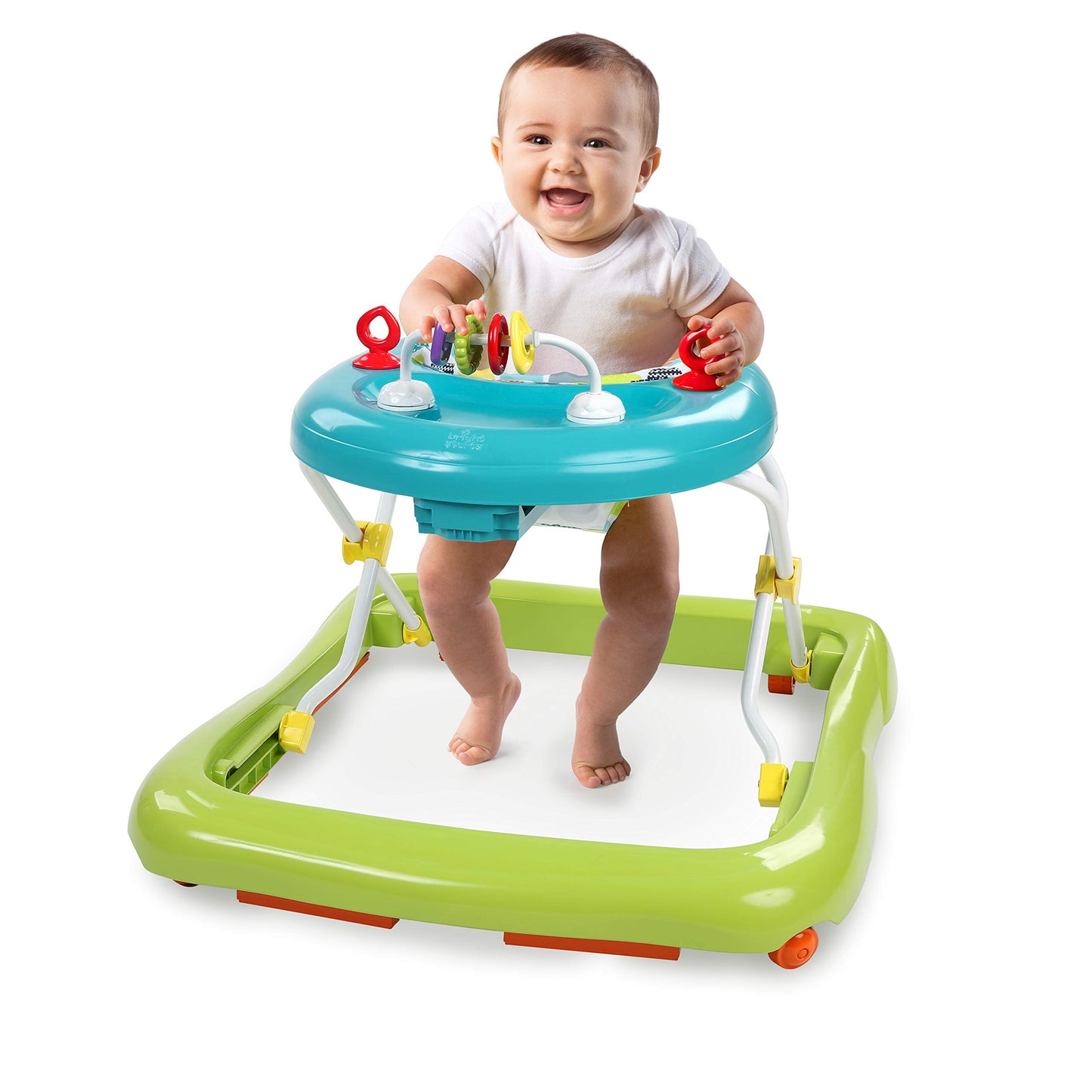 Bright Starts, Giggling Safari, Lauflernhilfe mit Spielzeuge, Perlenschiebespielzeug, 3 Höheneinstellungen, Lauflernwagen mit hoher Rückenlehne, zusammenklappbare, grün / blau, Kinder ab 6 Monaten