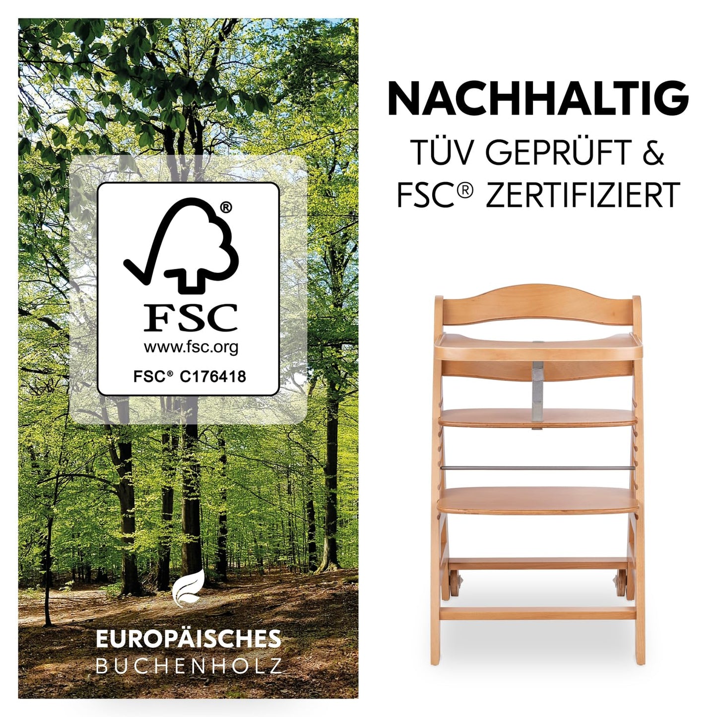 hauck Beta+, Natural - Mitwachsendes Kinderhochstuhl Set ab 6 Monaten bis 90 kg mit Rädern, Sitzkissen, Großes Essbrett, Kleiner Schutzbügel, 5 Punkt Gurt Sicherheitsgurt & Schrittgurt