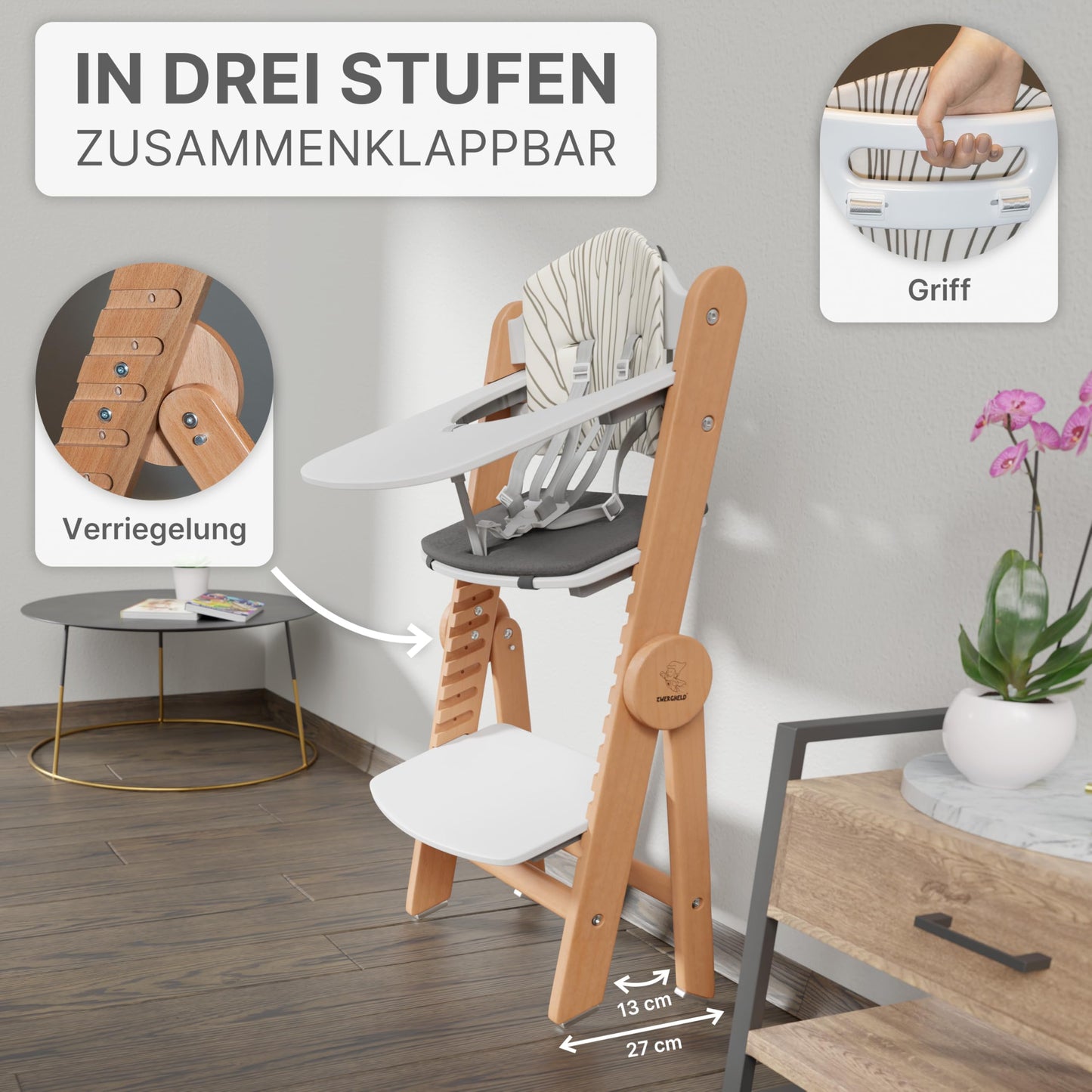 ZWERGHELD® Premium Kinderhochstuhl ZS3 Set - mitwachsend klappbar verstellbar, Hochstuhl Baby ab 6 Monaten bis 90kg belastbar, mit Essbrett - Treppenhochstuhl Kinderstuhl Holz High Chair (natur)
