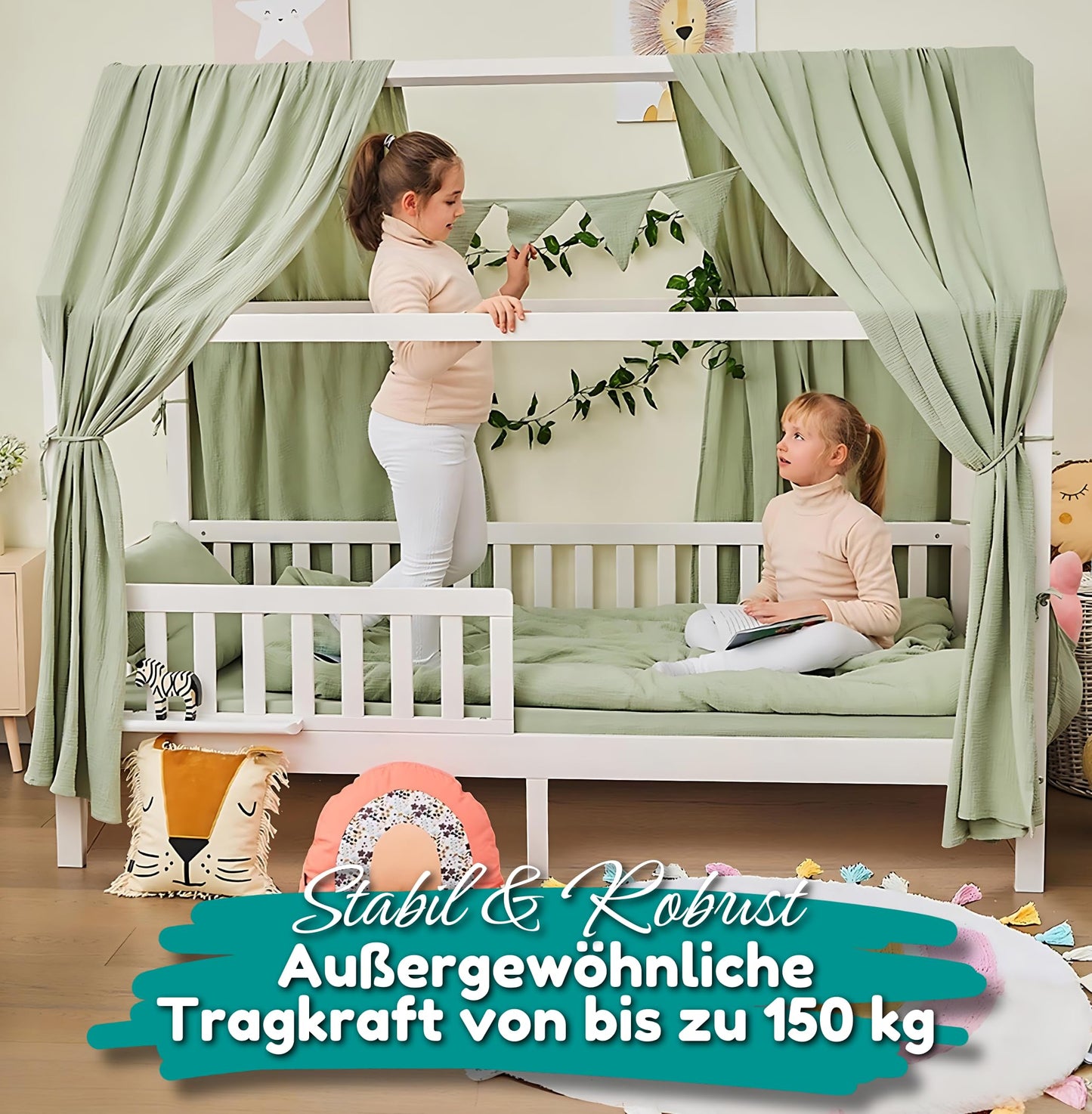 ALAVYA HOME® Hausbett 90x200 mit Rausfallschutz und Lattenrost | Kinderbett 90x200 für Mädchen und Jungen Massivholz der Buche FSC zertifizierter Haus Kinder Bett Montessori Jugendbett - Weiß