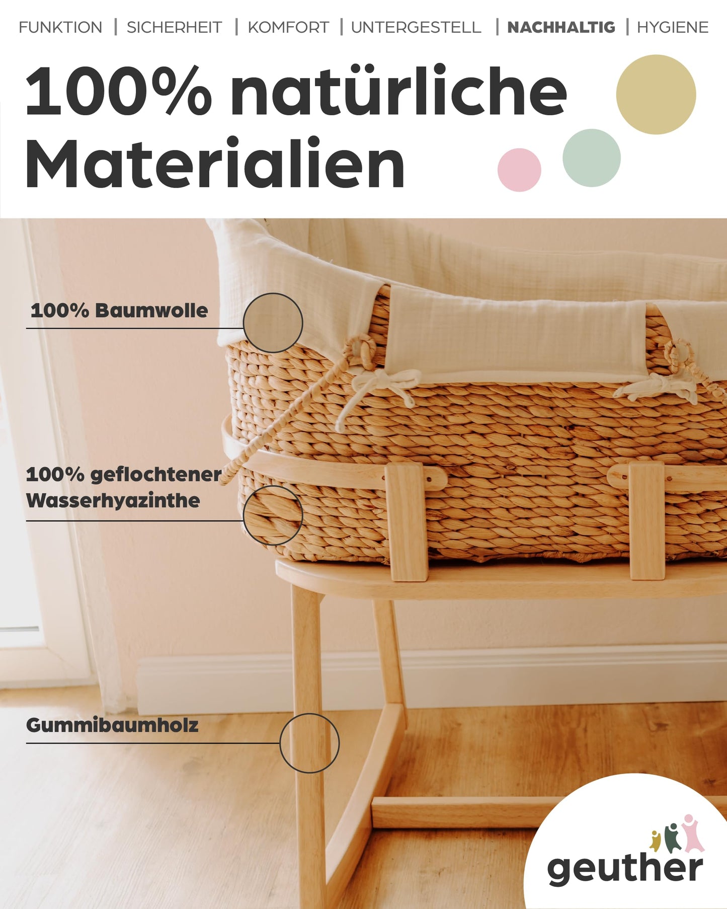 Geuther Moses-Set Babykorb & Untergestell mit Schaukelfunktion | Babywiege für Neugeborene | Babynest | Beistellbett Baby | Baby Bett Komplett Set | Stubenwagen Baby, tragbarer Moseskorb, Mint