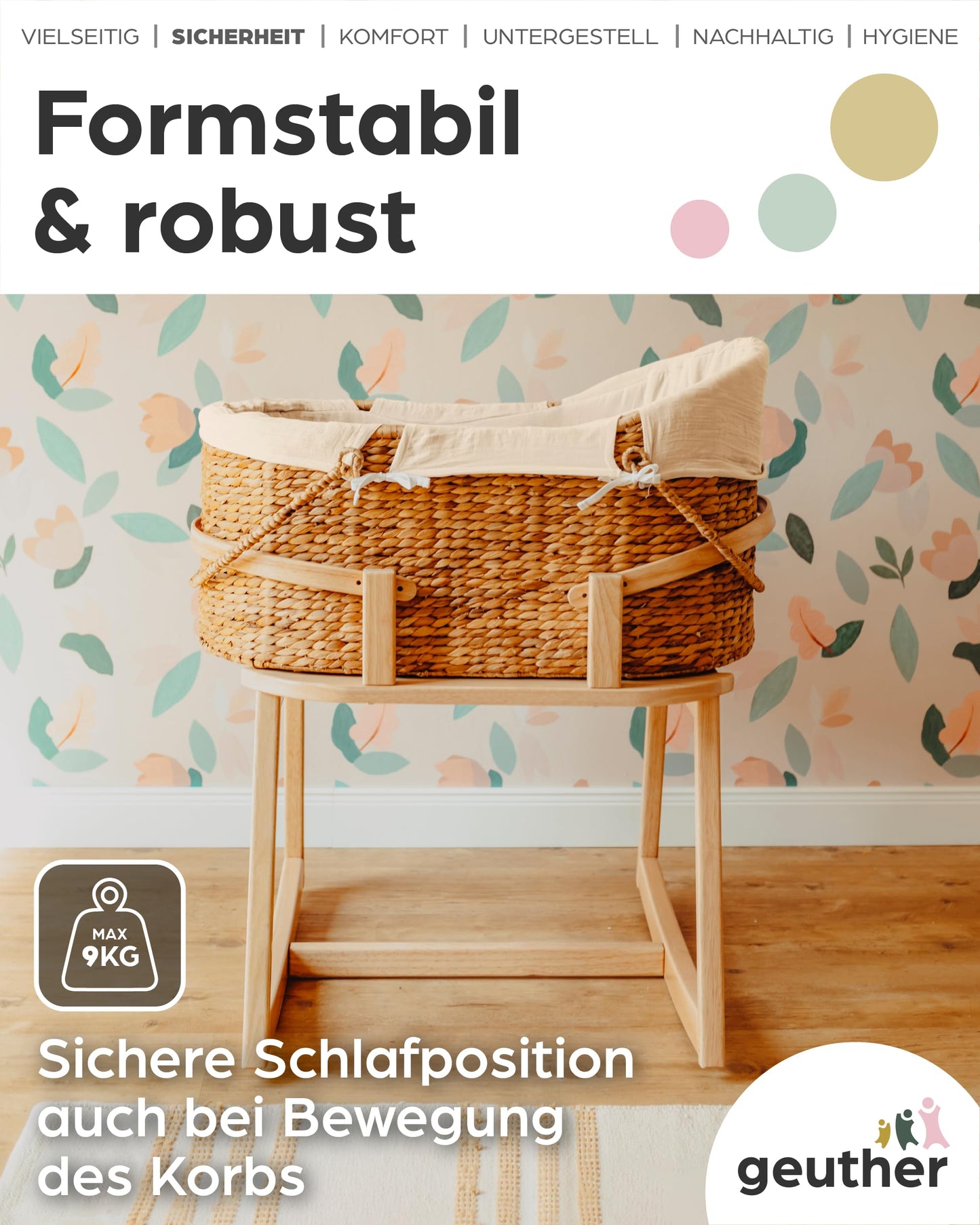 Geuther Moses-Set Babykorb & Untergestell mit Schaukelfunktion | Babywiege für Neugeborene | Babynest | Beistellbett Baby | Baby Bett Komplett Set | Stubenwagen Baby, tragbarer Moseskorb, Mint