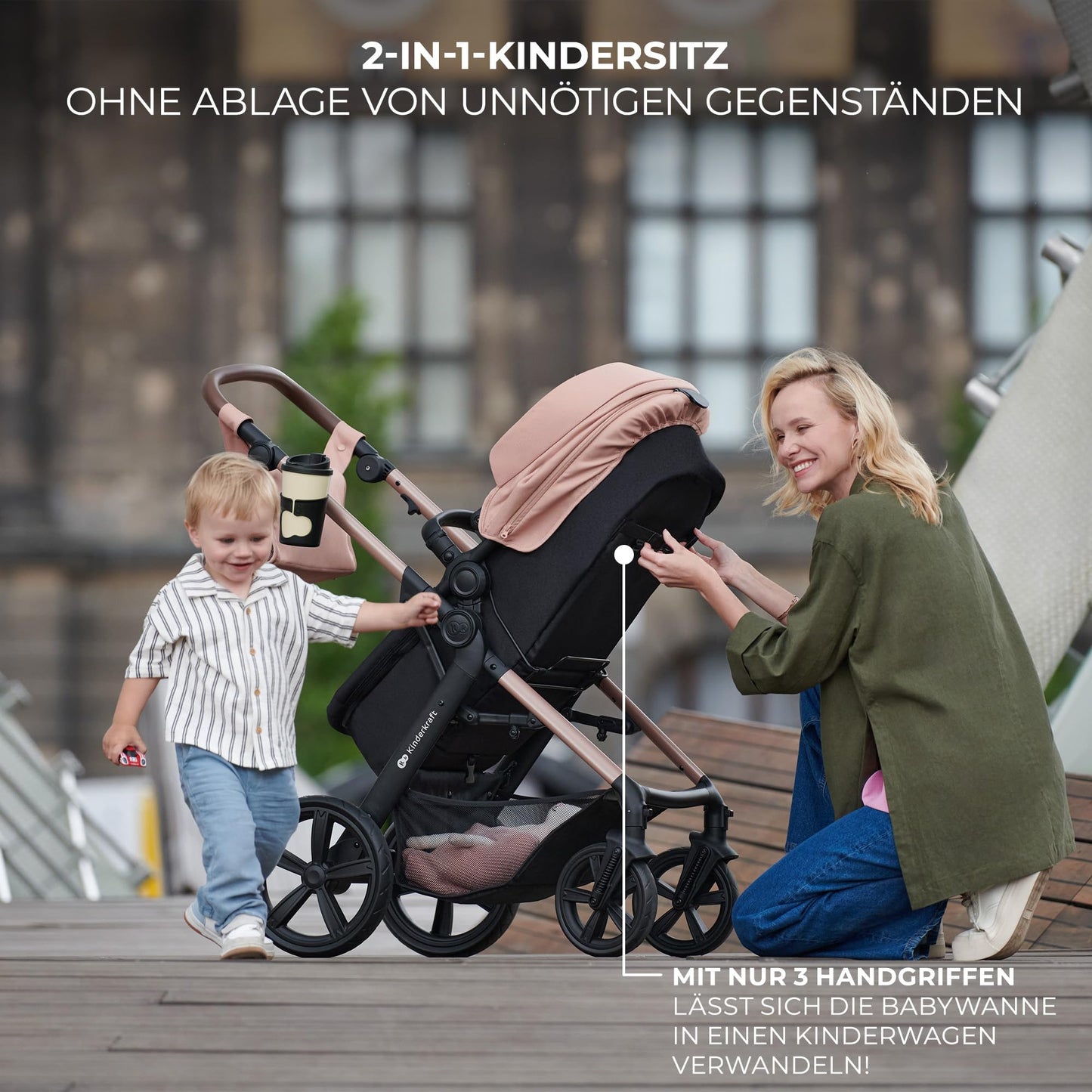 Kinderkraft MOOV2 AIR Kinderwagen 3 in 1 Kinderwagenset bis 26 kg mit Kindersitz I-SIZE 40-75 cm, Buggy Funktion, Liegeposition verstellbar, Große ausziehbare Verdeck, Aufblasbare Räder, Grau