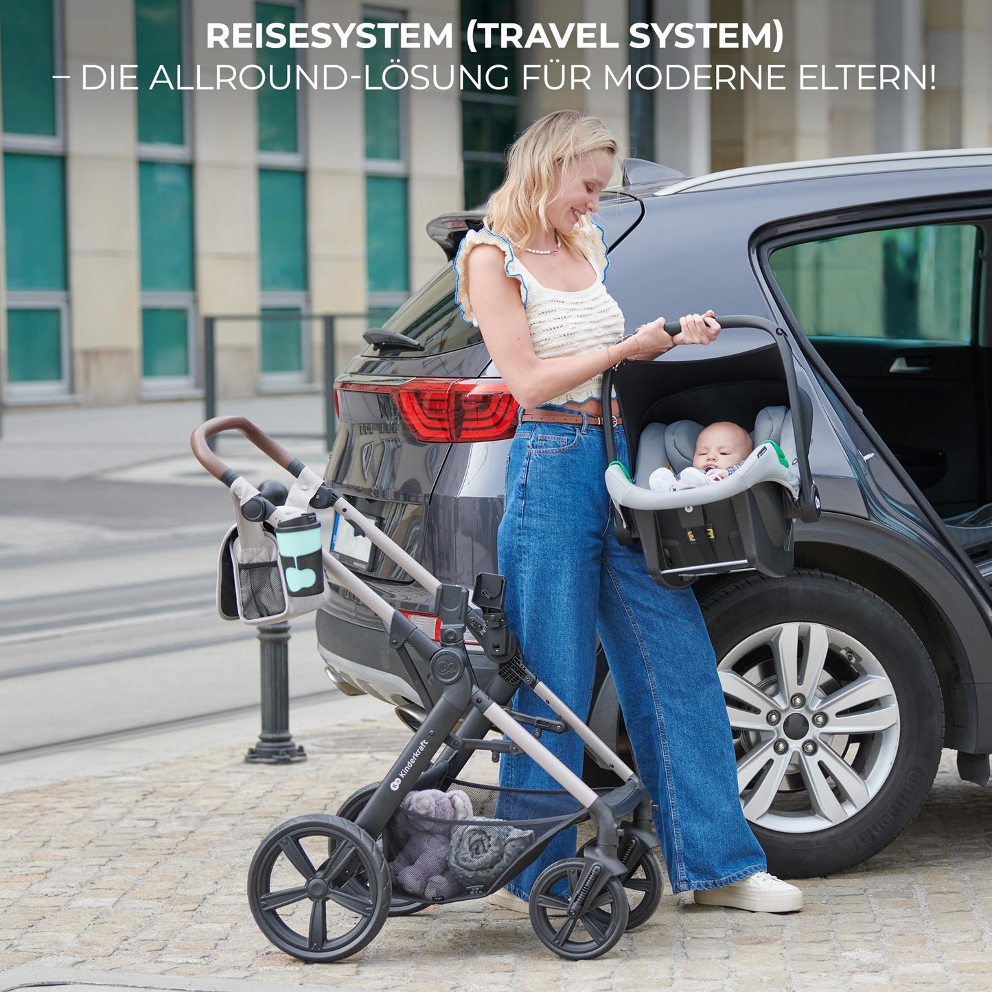 Kinderkraft MOOV2 AIR Kinderwagen 3 in 1 Kinderwagenset bis 26 kg mit Kindersitz I-SIZE 40-75 cm, Buggy Funktion, Liegeposition verstellbar, Große ausziehbare Verdeck, Aufblasbare Räder, Grau