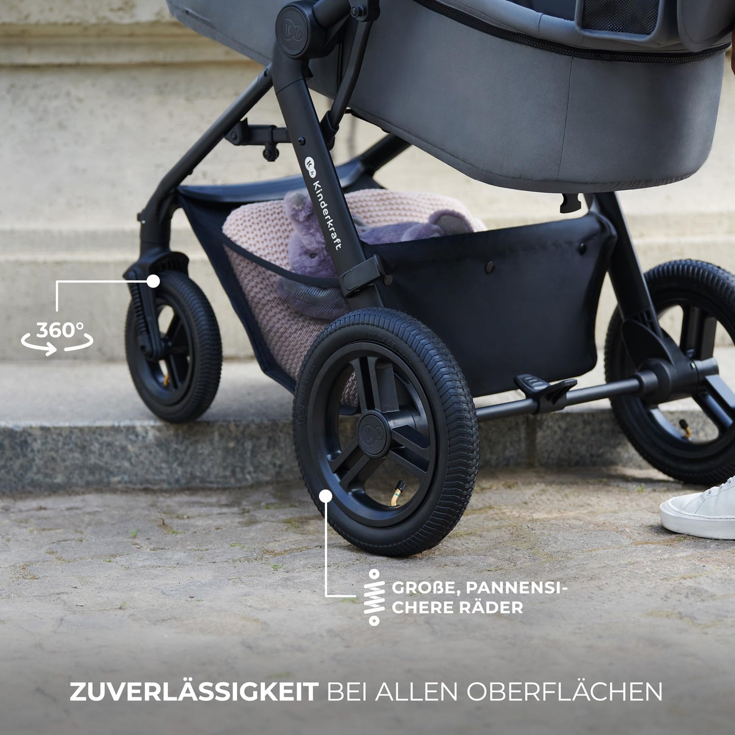 Kinderkraft MOOV2 AIR Kinderwagen 3 in 1 Kinderwagenset bis 26 kg mit Kindersitz I-SIZE 40-75 cm, Buggy Funktion, Liegeposition verstellbar, Große ausziehbare Verdeck, Aufblasbare Räder, Grau