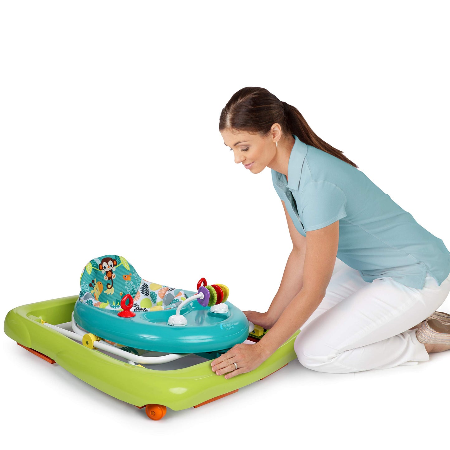 Bright Starts, Giggling Safari, Lauflernhilfe mit Spielzeuge, Perlenschiebespielzeug, 3 Höheneinstellungen, Lauflernwagen mit hoher Rückenlehne, zusammenklappbare, grün / blau, Kinder ab 6 Monaten