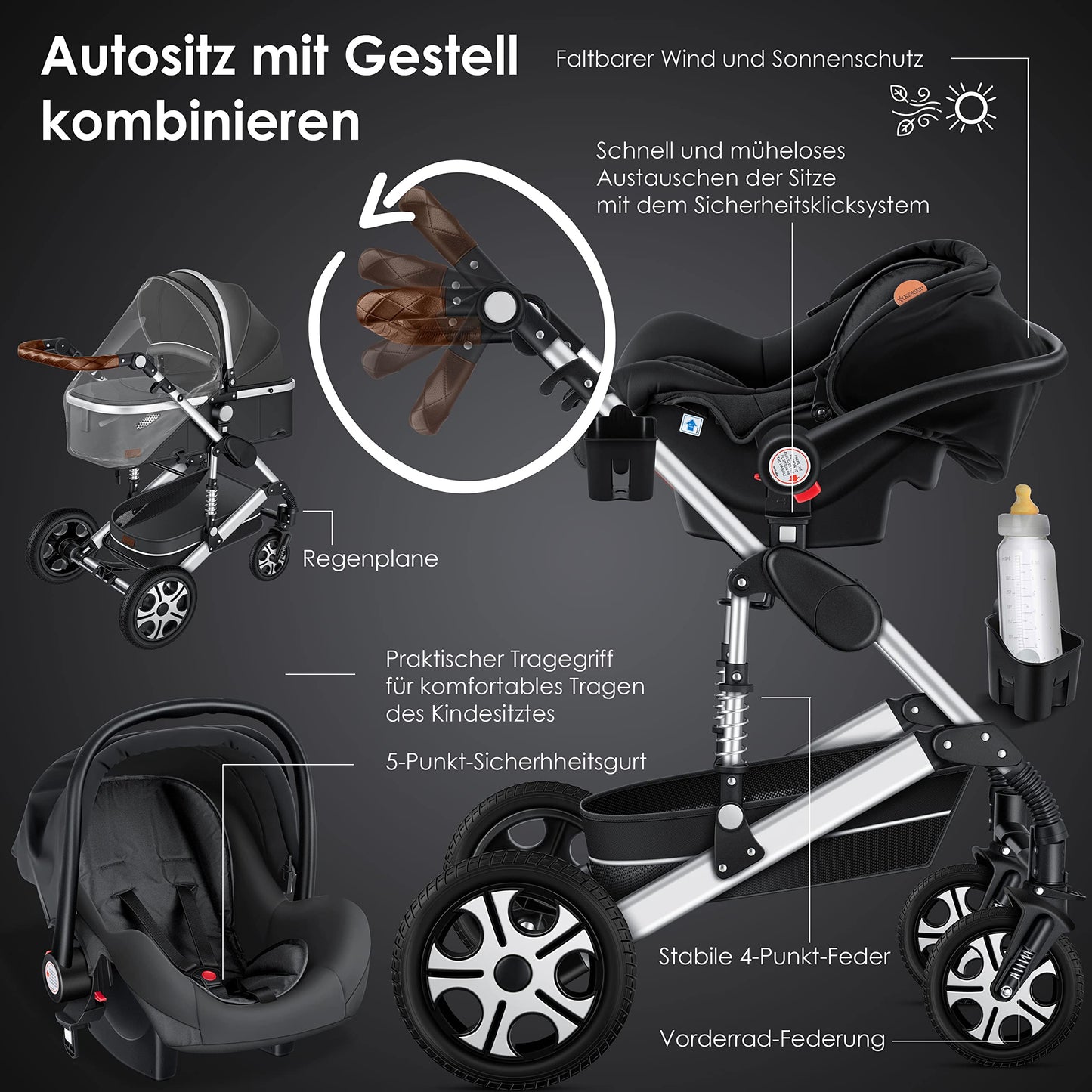 KESSER® Loops 3 in 1 Kinderwagen Kombikinderwagen Komplett-Set inkl. Babywanne & Buggy Sportsitz & Auto-Babyschale Voll-Gummireifen Wickeltasche Regenschutz Kindertisch ECE R129, Asphalt Grau/Silber