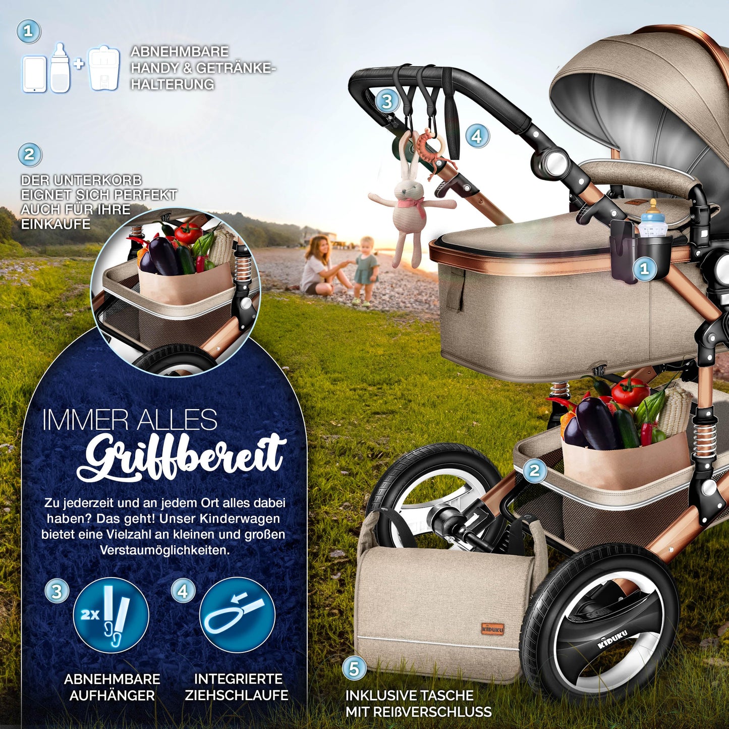 KIDUKU® 3 in 1 Kinderwagen XXL Komplettset | Kombikinderwagen Set inkl. Babywanne Buggy Sportsitz & Auto-Babyschale Fußsack | Vollgummireifen Wickeltasche Handwärmer Regenschutz Kindertisch ECE R129